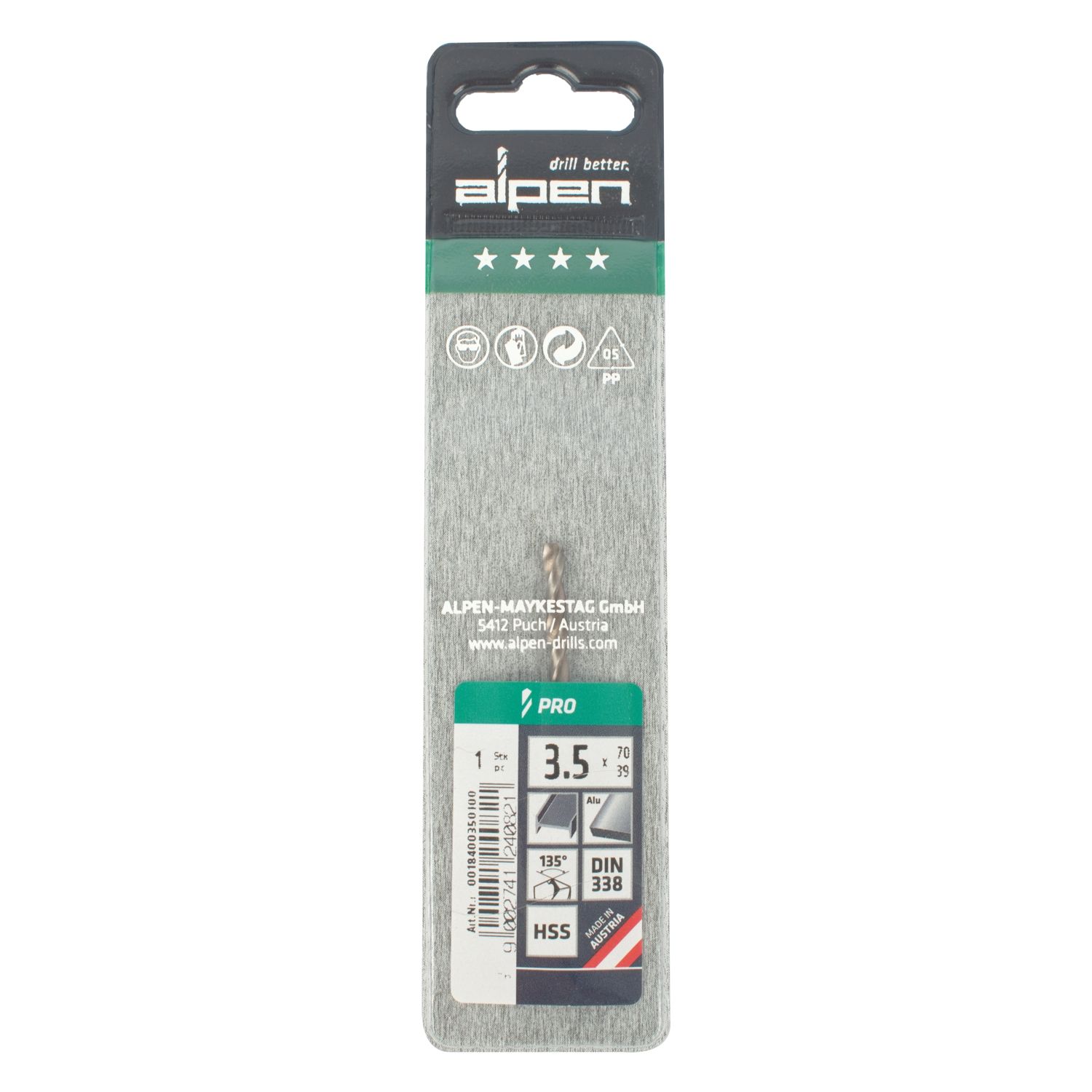 ALPEN Pro Hss 3.5mm Drill Din 338 Rn 135 Split Point Plastic Wallet (
