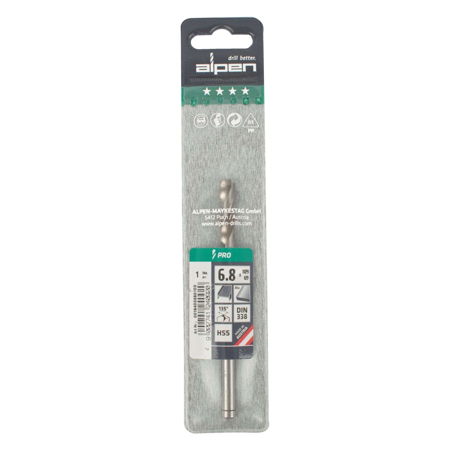 ALPEN Pro Hss 6.8mm Drill Din 338 Rn 135 Split Point Plastic Wallet