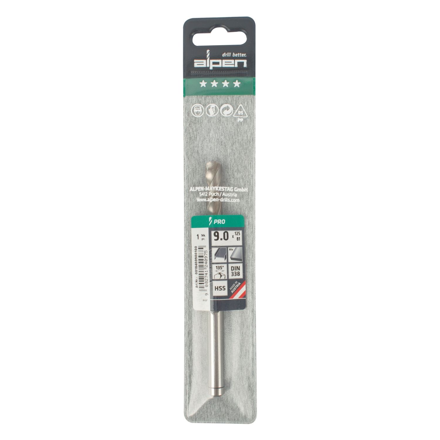 ALPEN Pro Hss 9mm Drill Din 338 Rn 135 Split Point Plastic Wallet