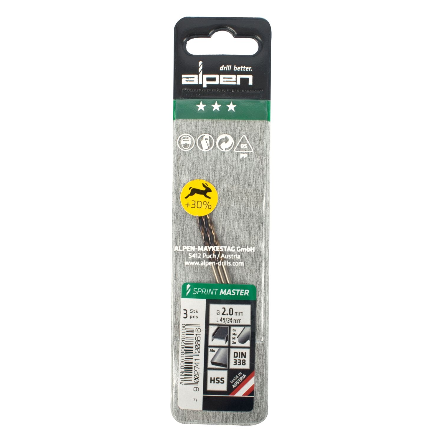 Hss Sprint Master 2.0mm X3 Sleeved Din338 ALPEN Drill Bit