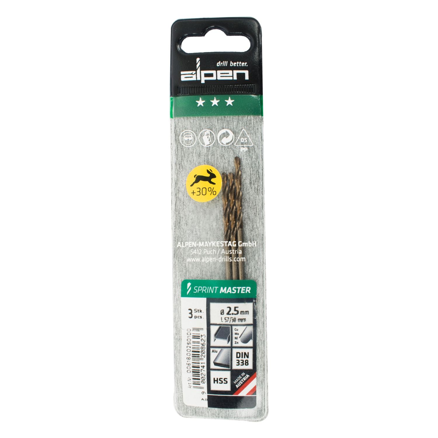 Hss Sprint Master 2.5mm X3 Sleeved Din338 ALPEN Drill Bit