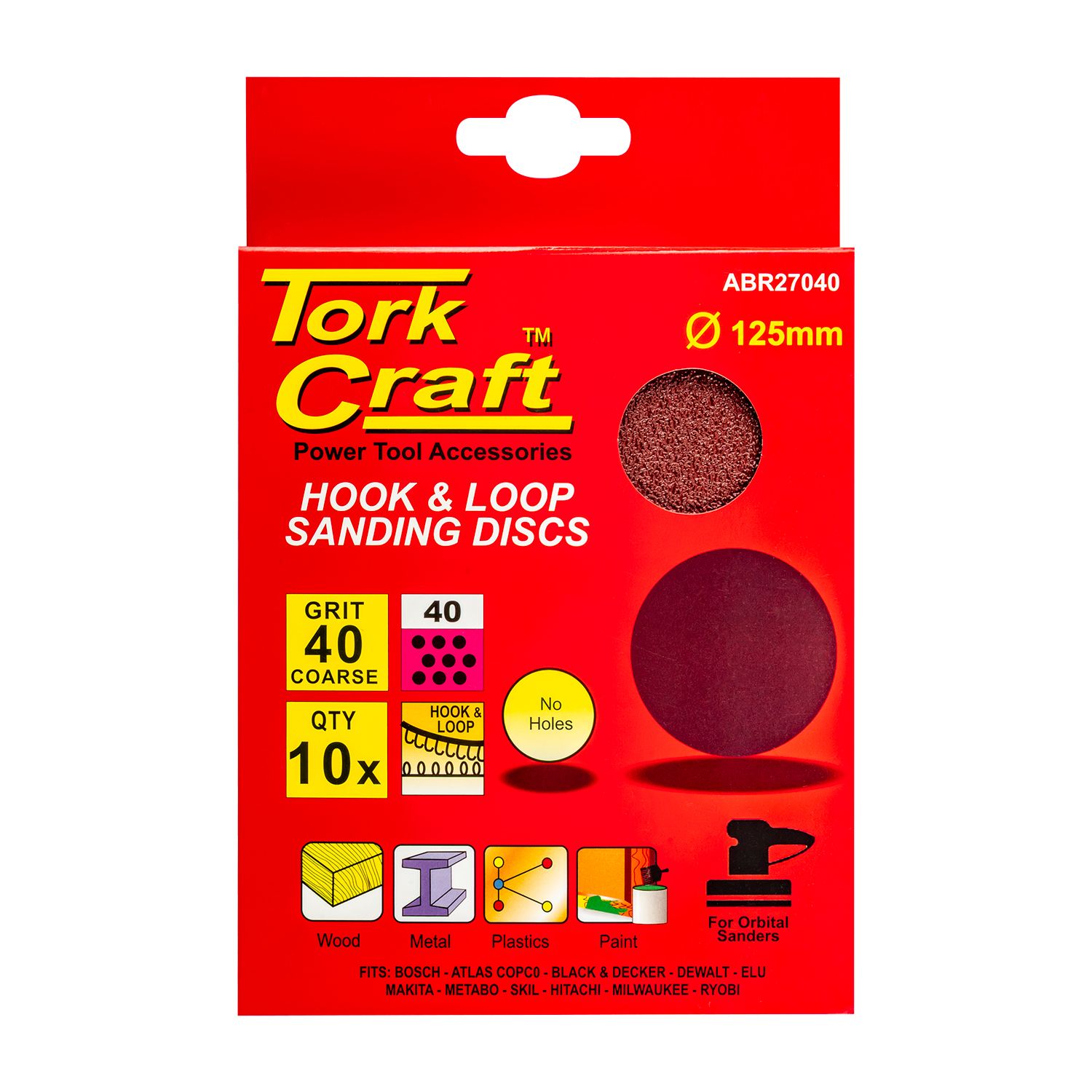 Sanding Disc 125mm No Hole 40 Grit 10/pack Hook And Loop