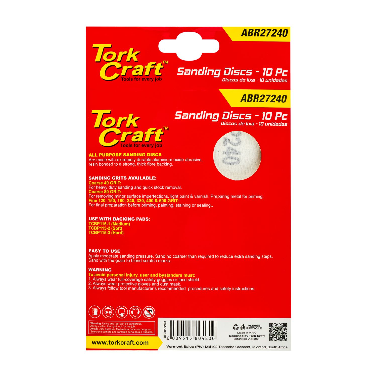 Sanding Disc 125mm No Hole 240 Grit 10/pack Hook And Loop