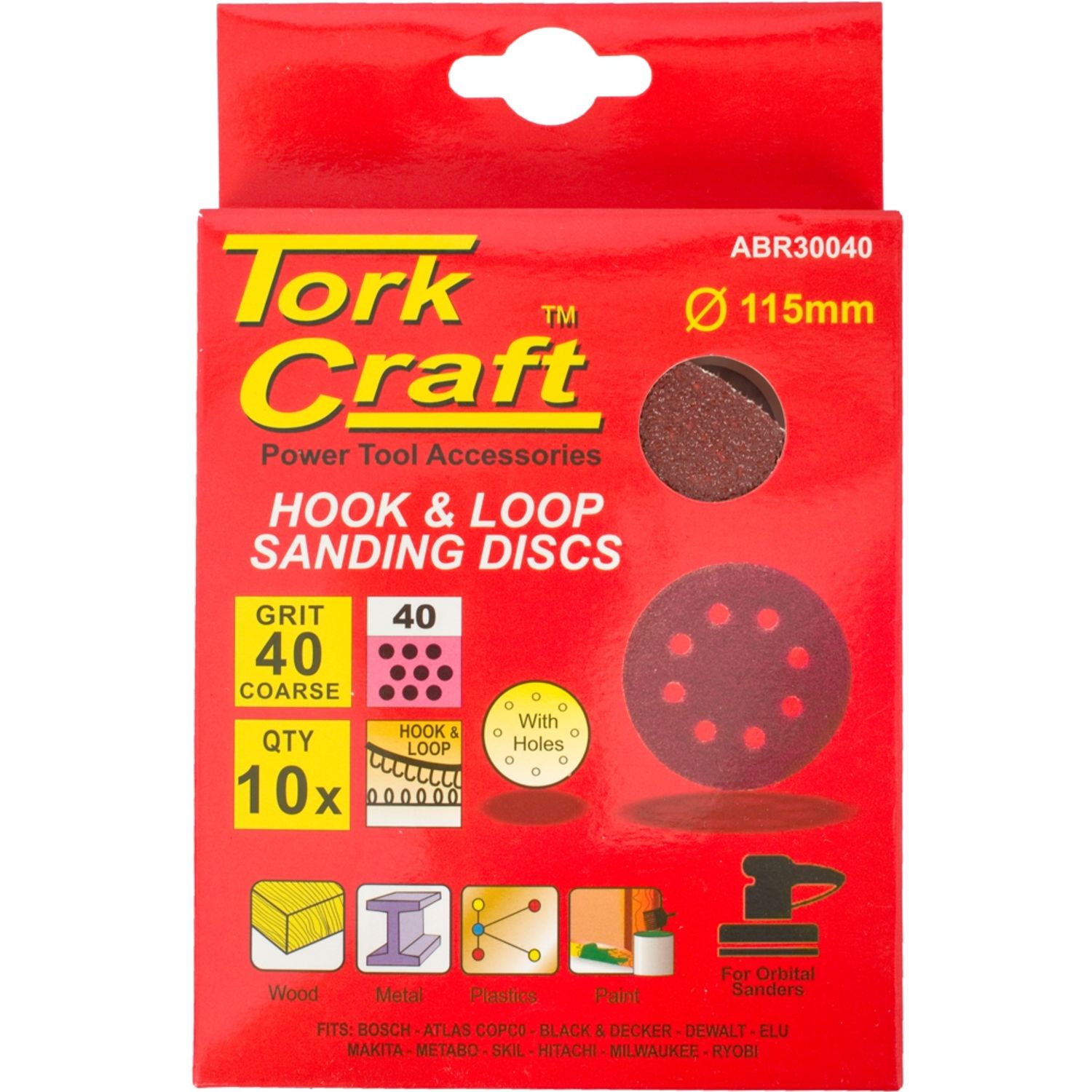 Sanding Disc 115mm 40 Grit With Holes 10/pk Hook And Loop