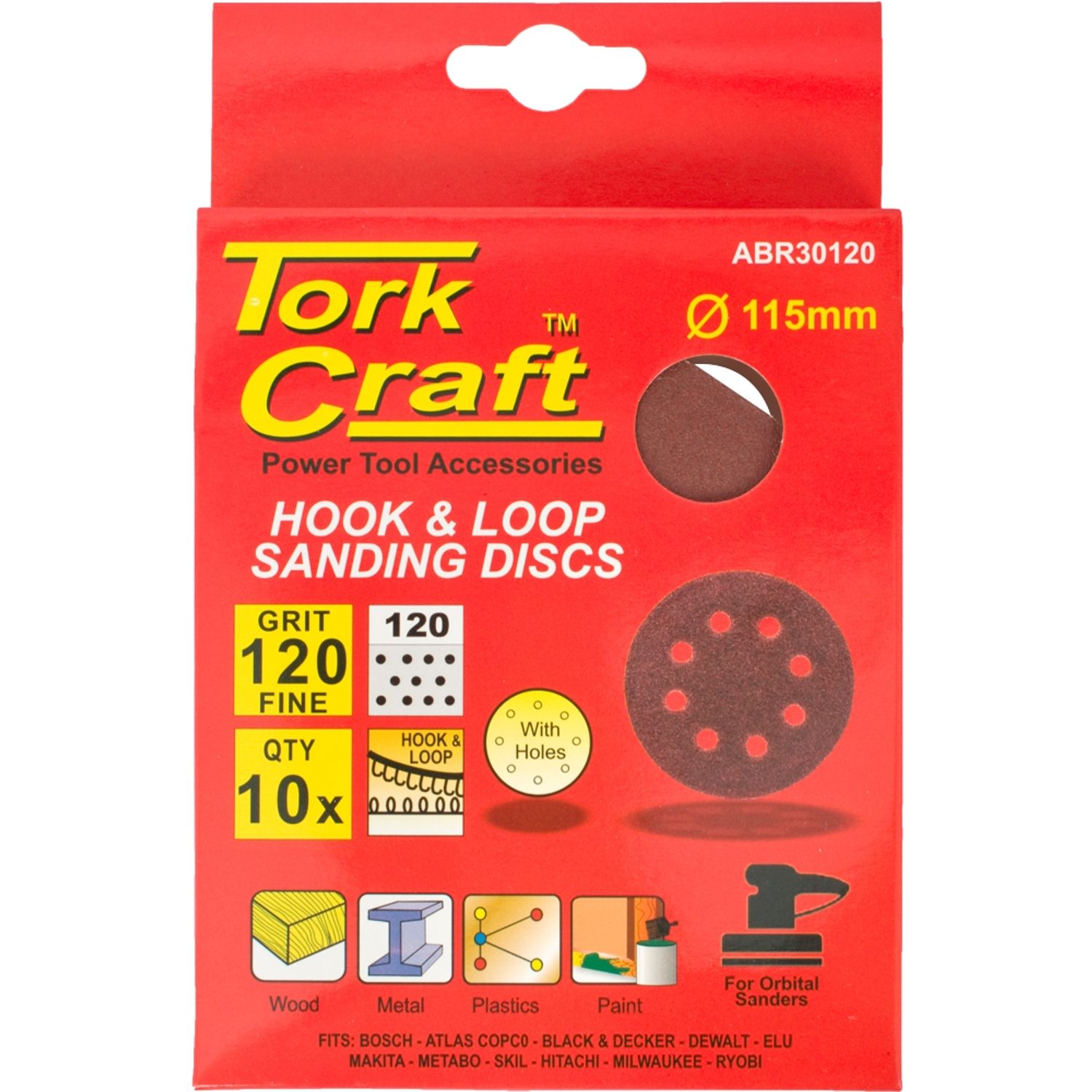 Sanding Disc 115mm 120 Grit With Holes 10/pk Hook And Loop