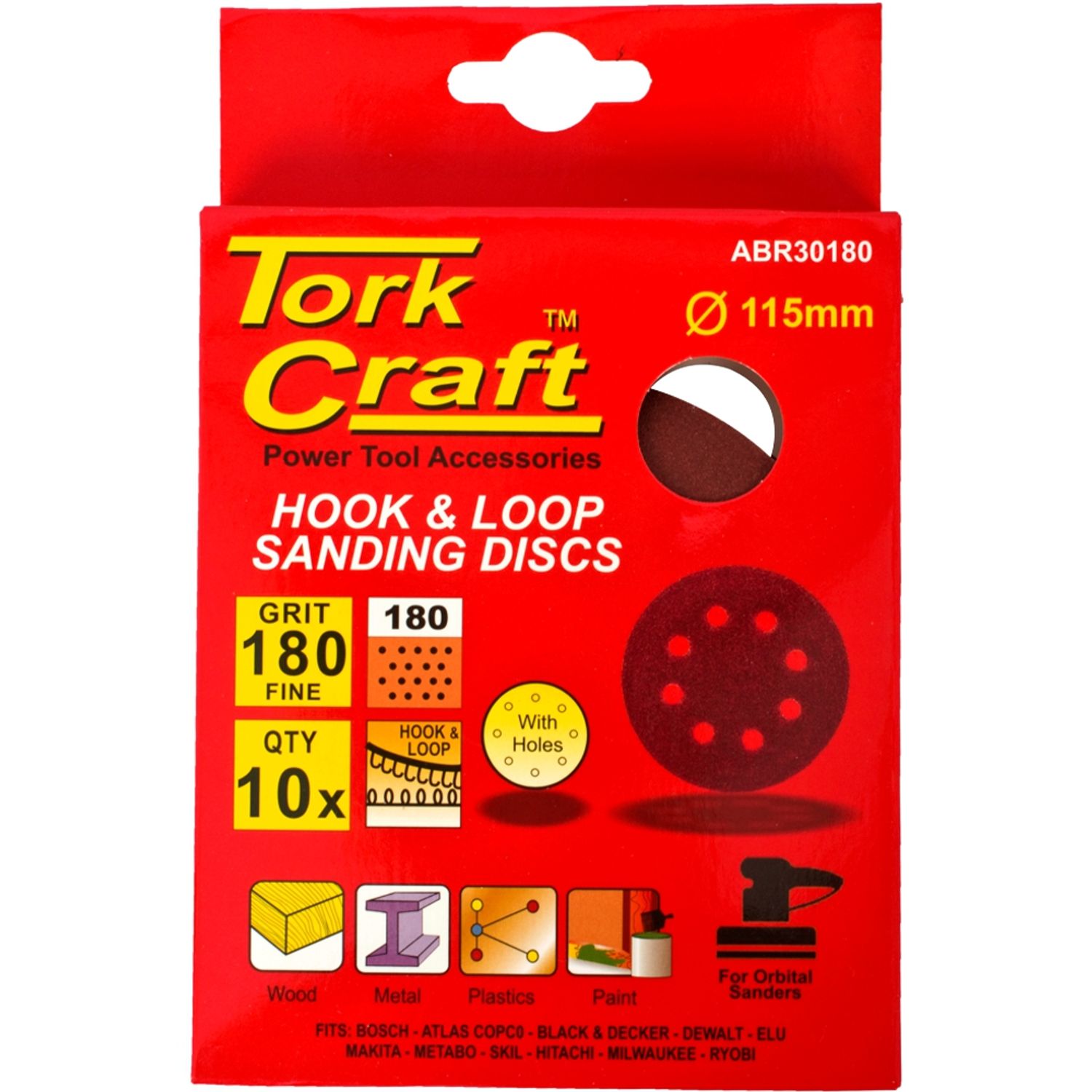 Sanding Disc 115mm 180 Grit With Holes 10/pk Hook And Loop