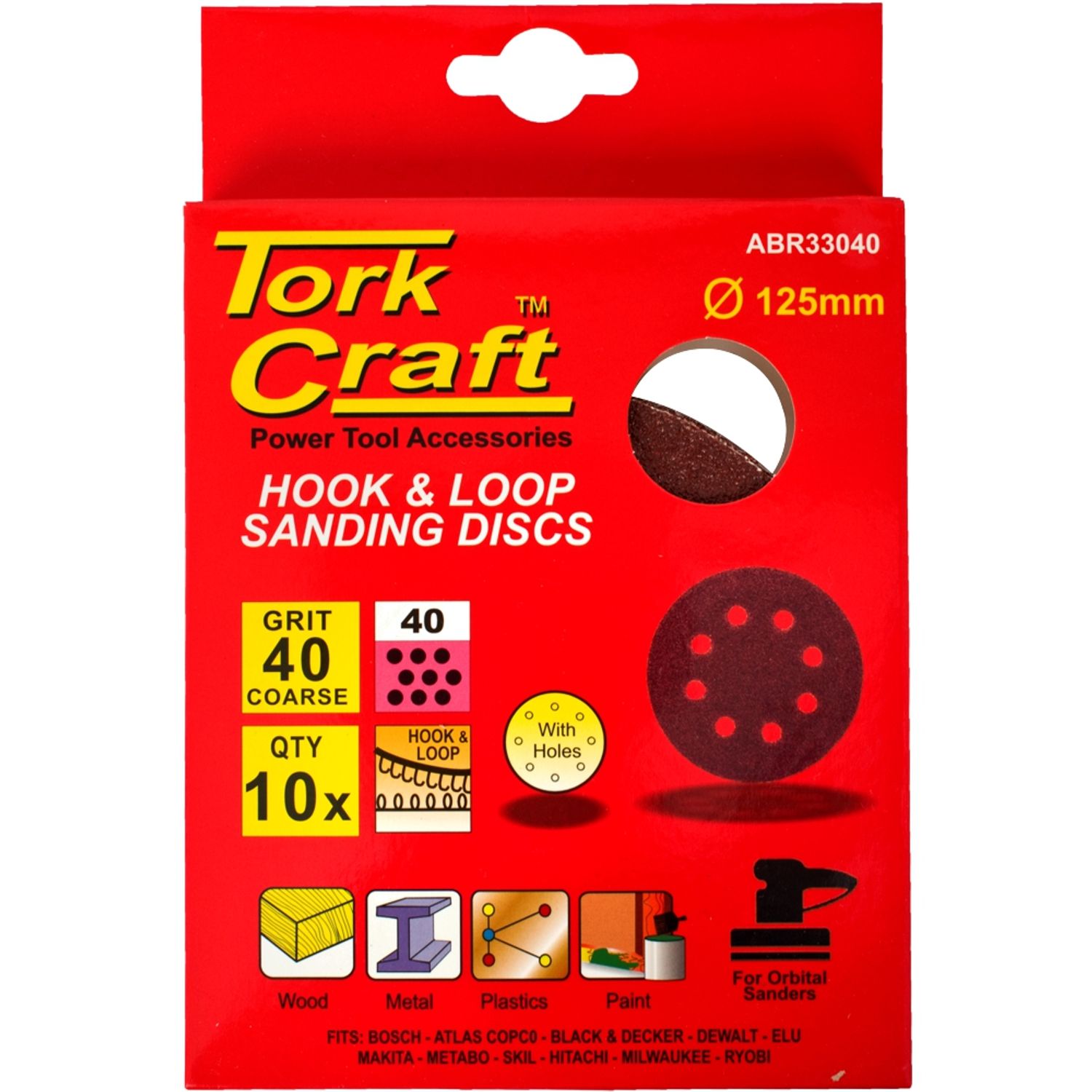 Sanding Disc 125mm 40 Grit With Holes 10/pk Hook And Loop