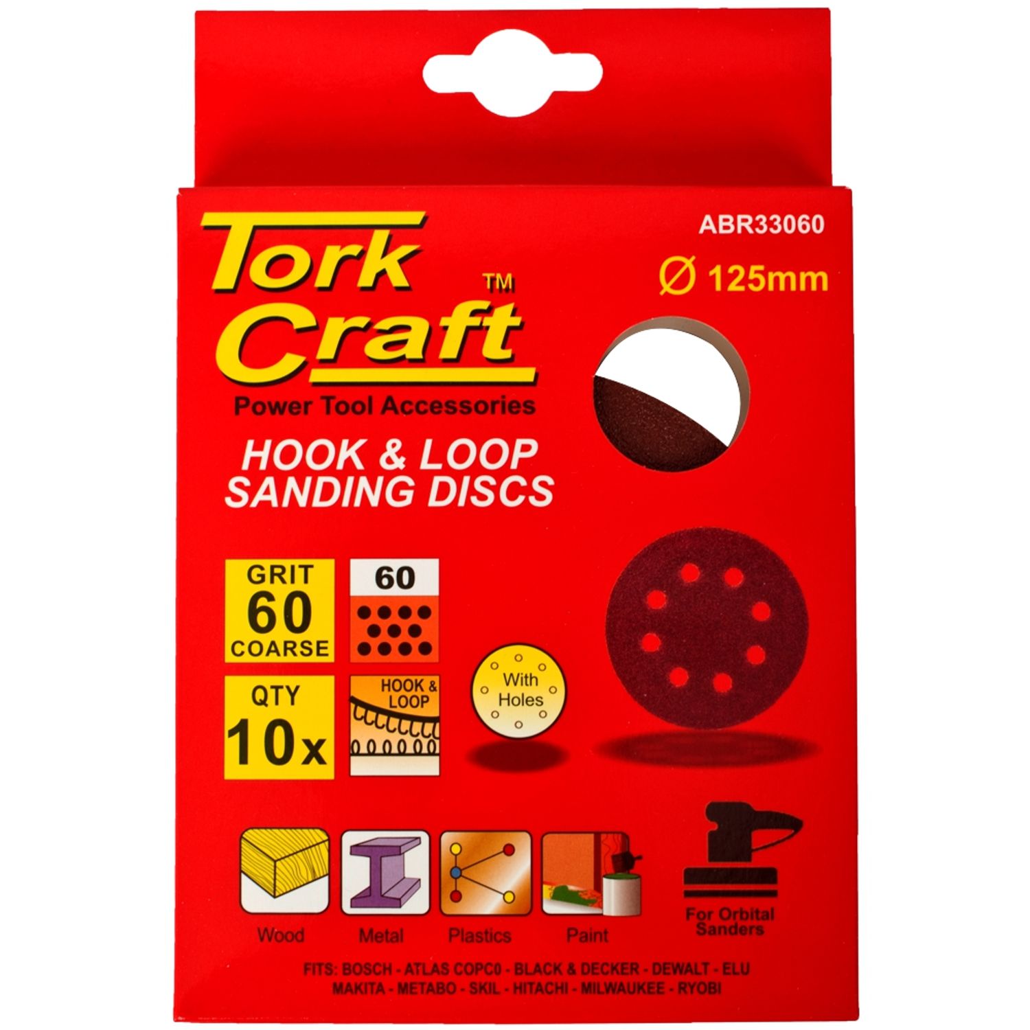 Sanding Disc 125mm 60 Grit With Holes 10/pk Hook And Loop