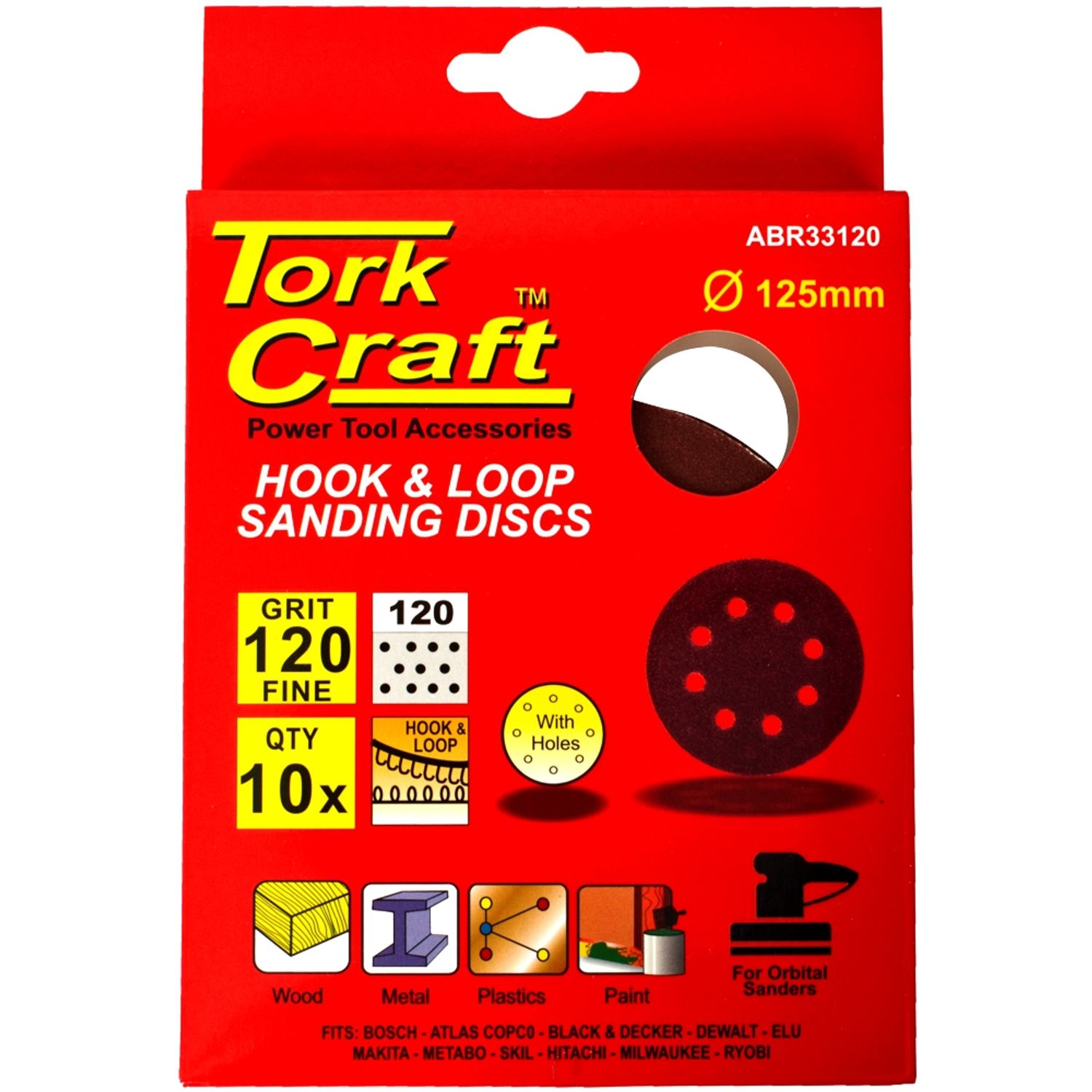 Sanding Disc 125mm 120 Grit With Holes 10/pk Hook And Loop