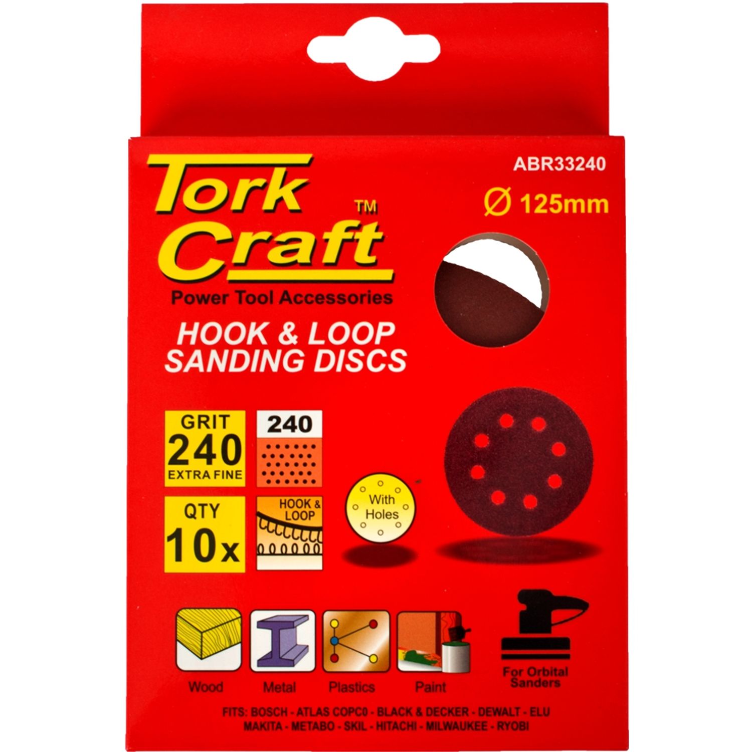 Sanding Disc 125mm 240 Grit With Holes 10/pk Hook And Loop