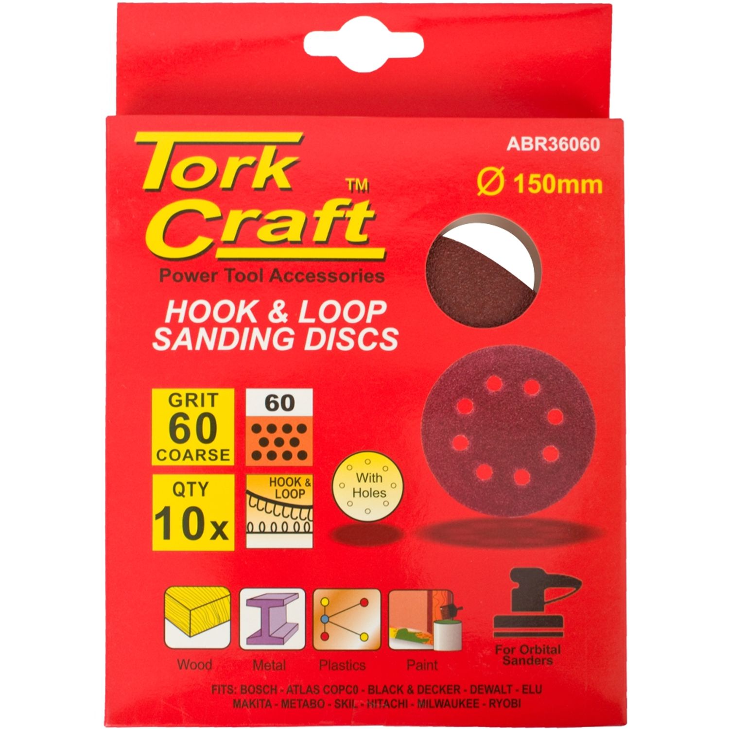 Sanding Disc 150mm 60 Grit With Holes 10/pk Hook And Loop