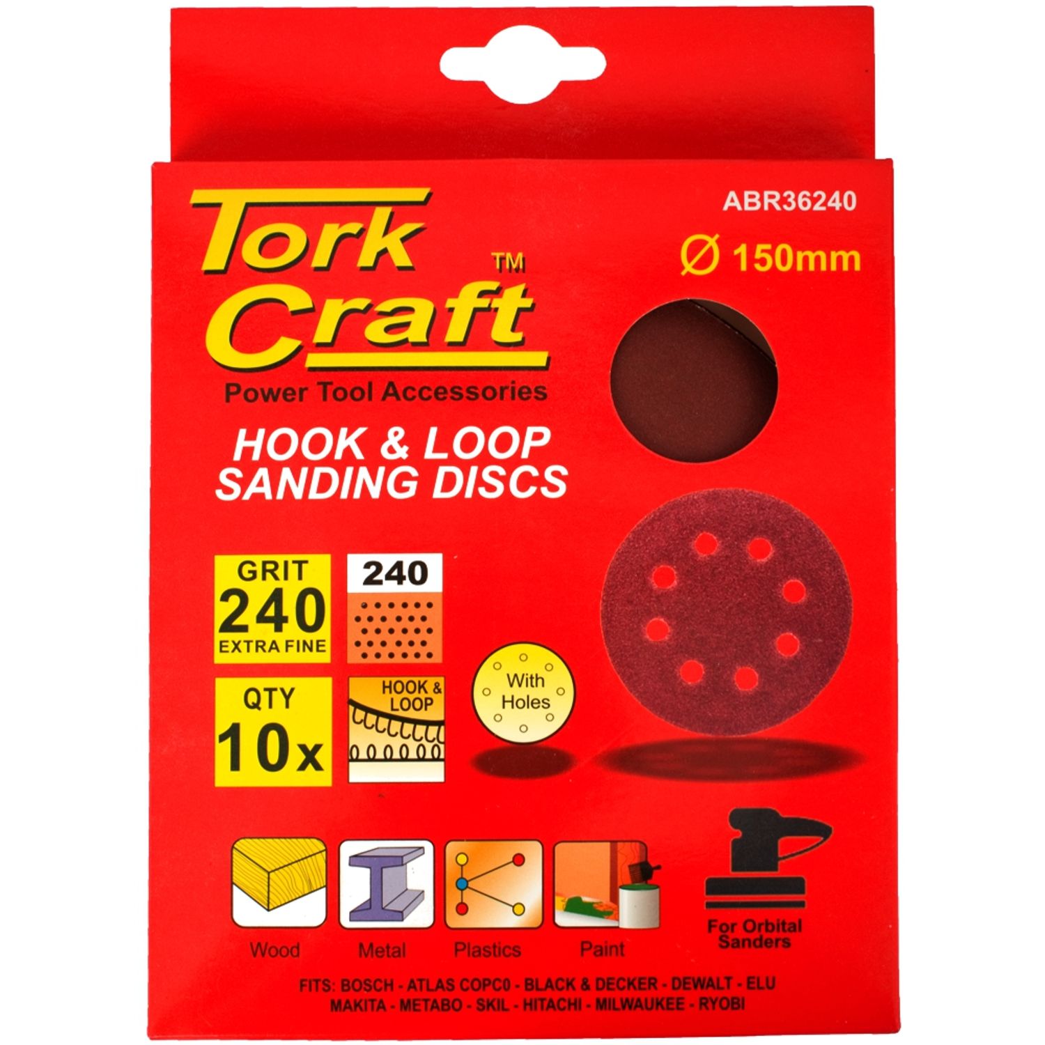 Sanding Disc 150mm 240 Grit With Holes 10/pk Hook And Loop