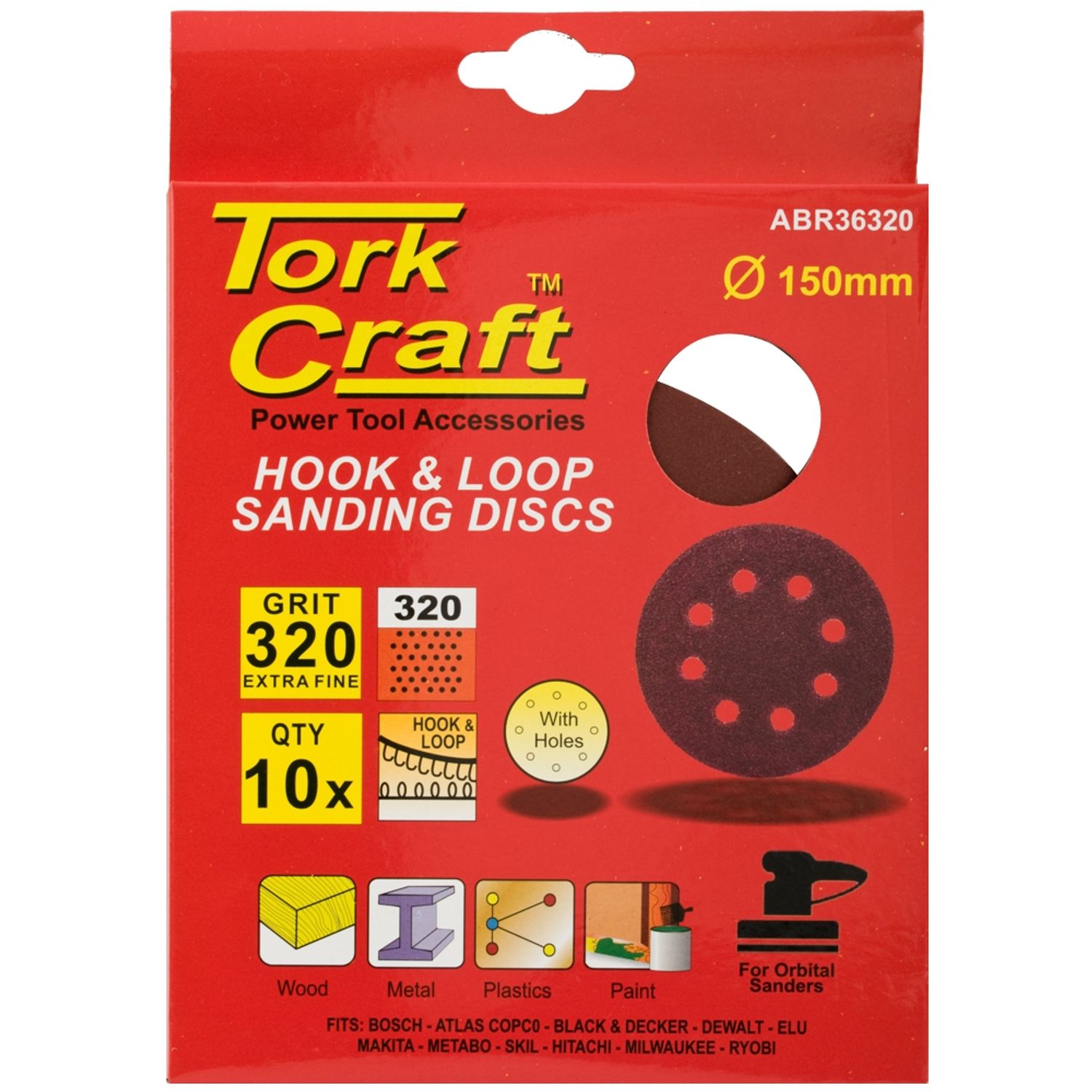 Sanding Disc 150mm 320 Grit With Holes 10/pk Hook And Loop