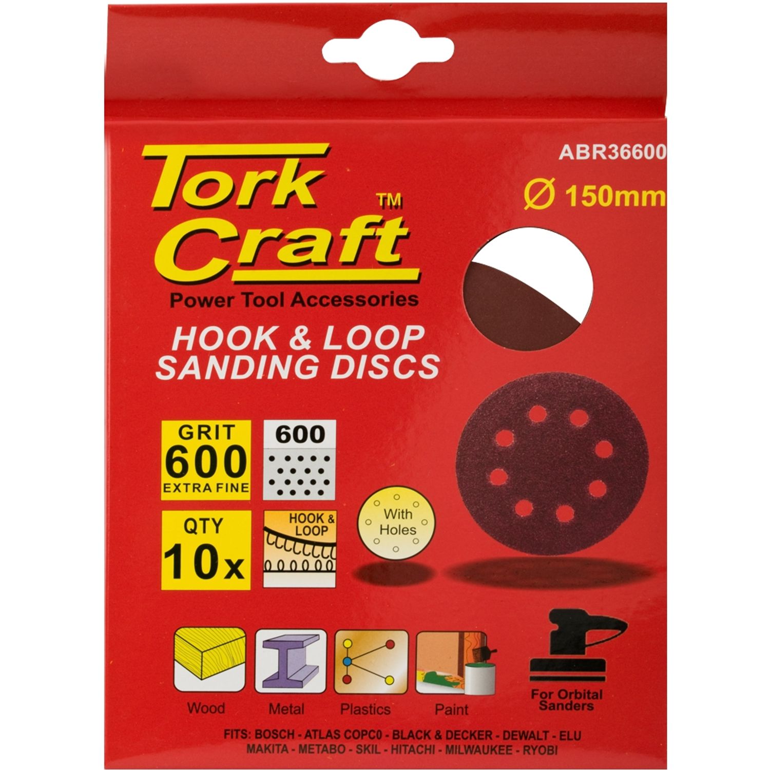 Sanding Disc 150mm 600 Grit With Holes 10/pk Hook And Loop