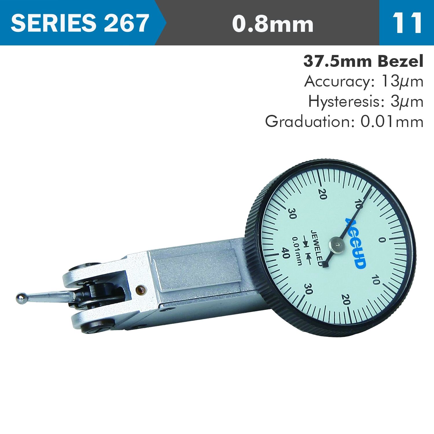 Dial Test Indicator 0.8mm 37.5mm Bezeld 0.013mm Acc. 0.01mm Grad