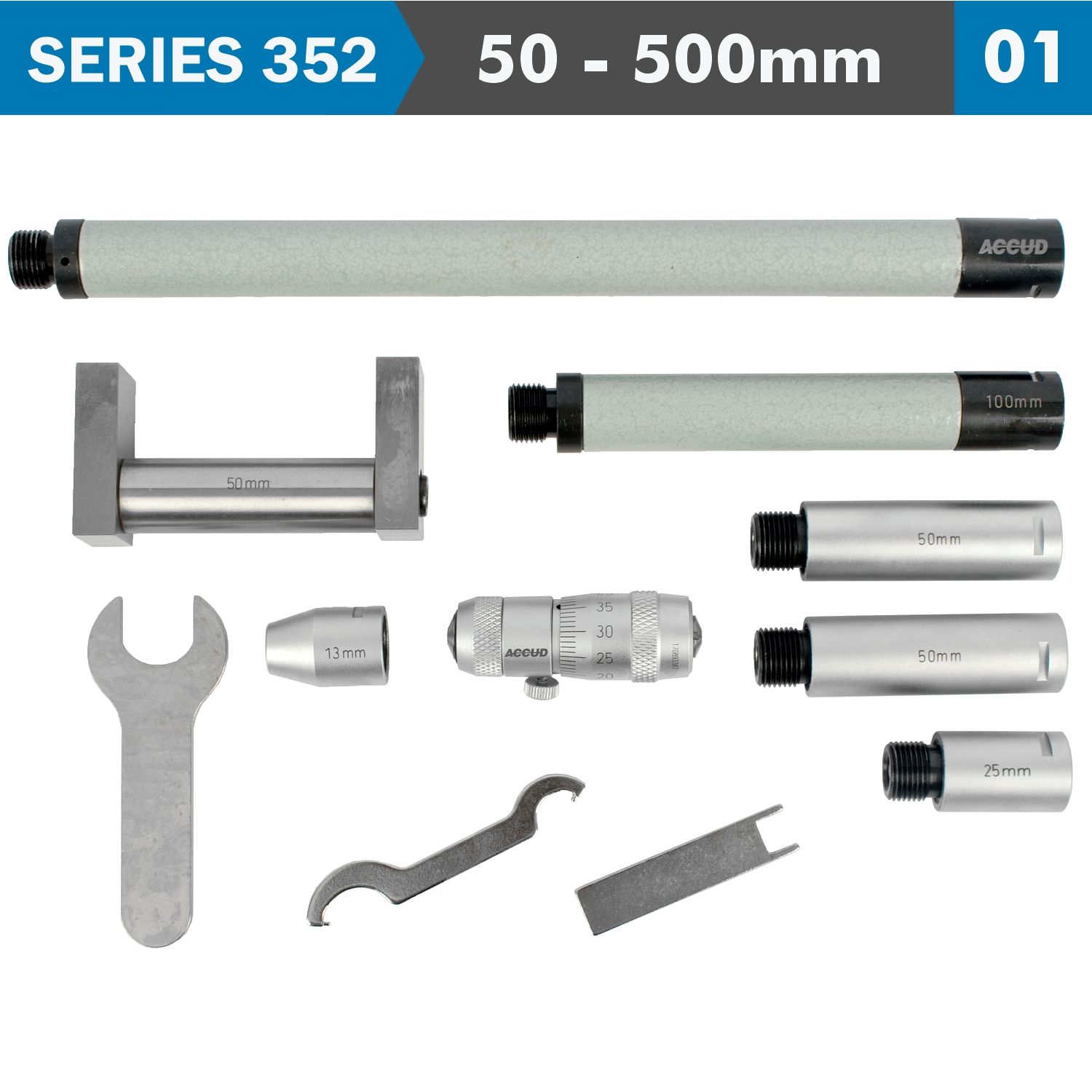 Tubular Inside Micrometer 50-500mm 0.01mm Grad. Extension Rods: 13, 25