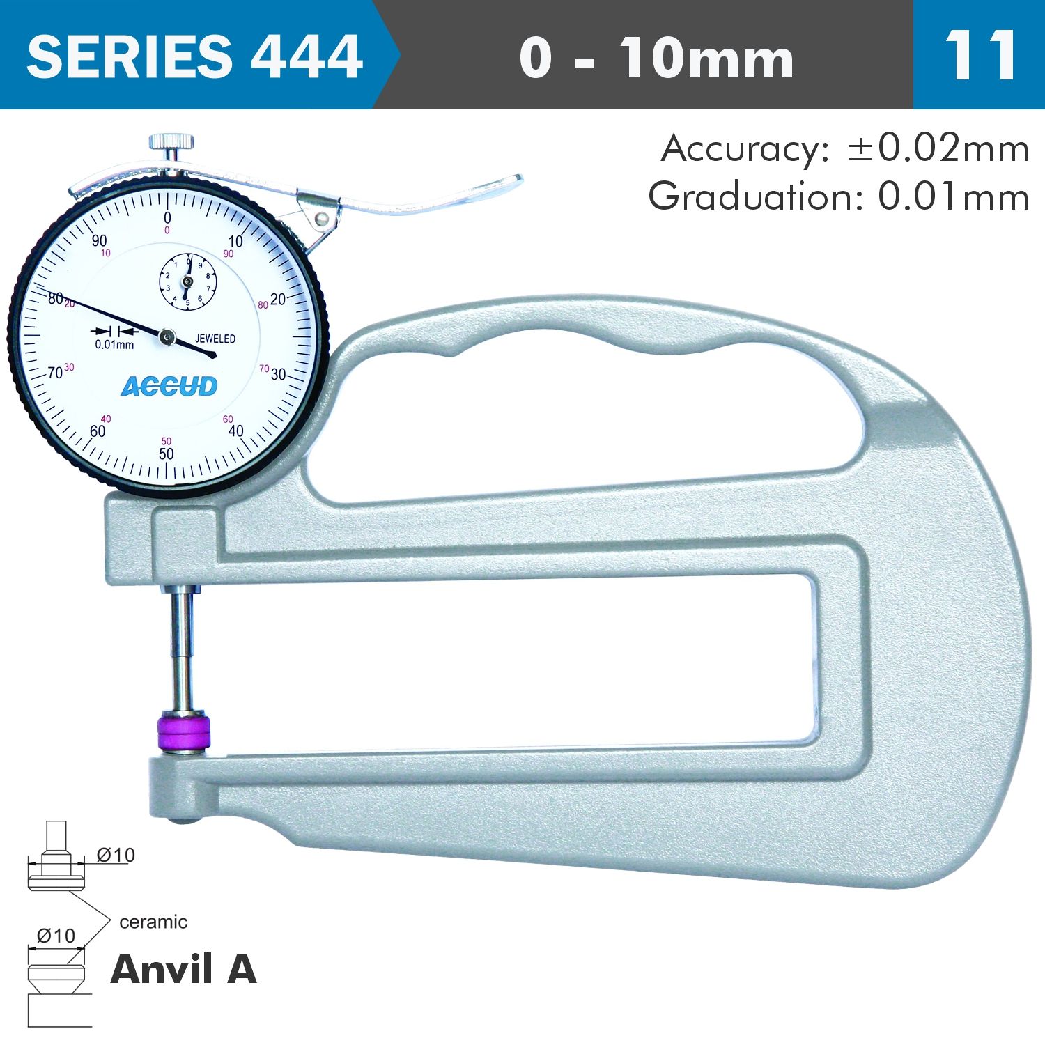 Thickness Gauge 10mm 0.02mm Acc. Large Depth Ceramic Anvil 0.01mm Grad