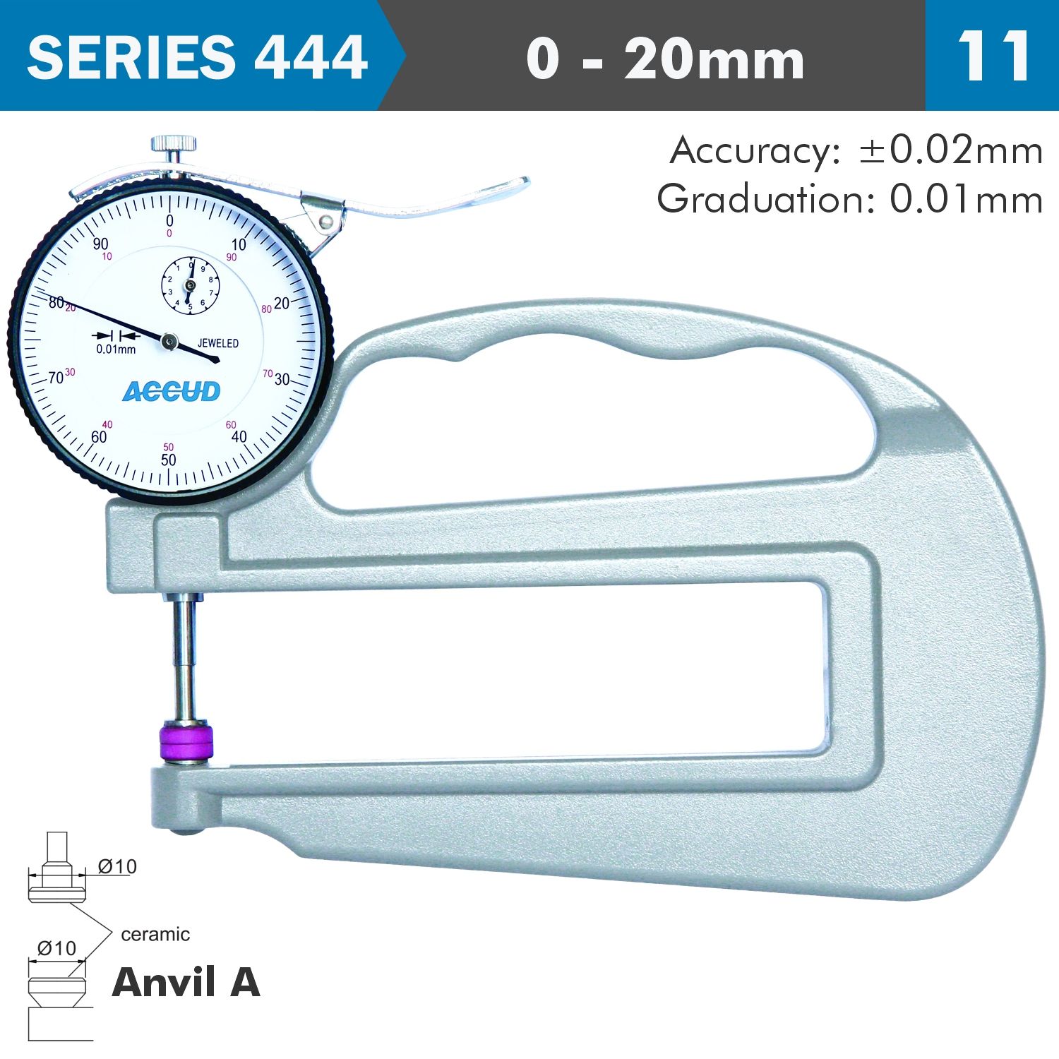 Thickness Gauge 20mm 0.03mm Acc. Large Depth Ceramic Anvil 0.01mm Grad