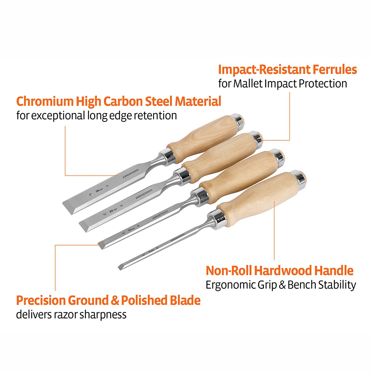 Jorgensen 4pc Wood Chisels Set Incl. 1/4'/ 1/2&rdquo; / 3/4' / 1&rdquo; Chisel