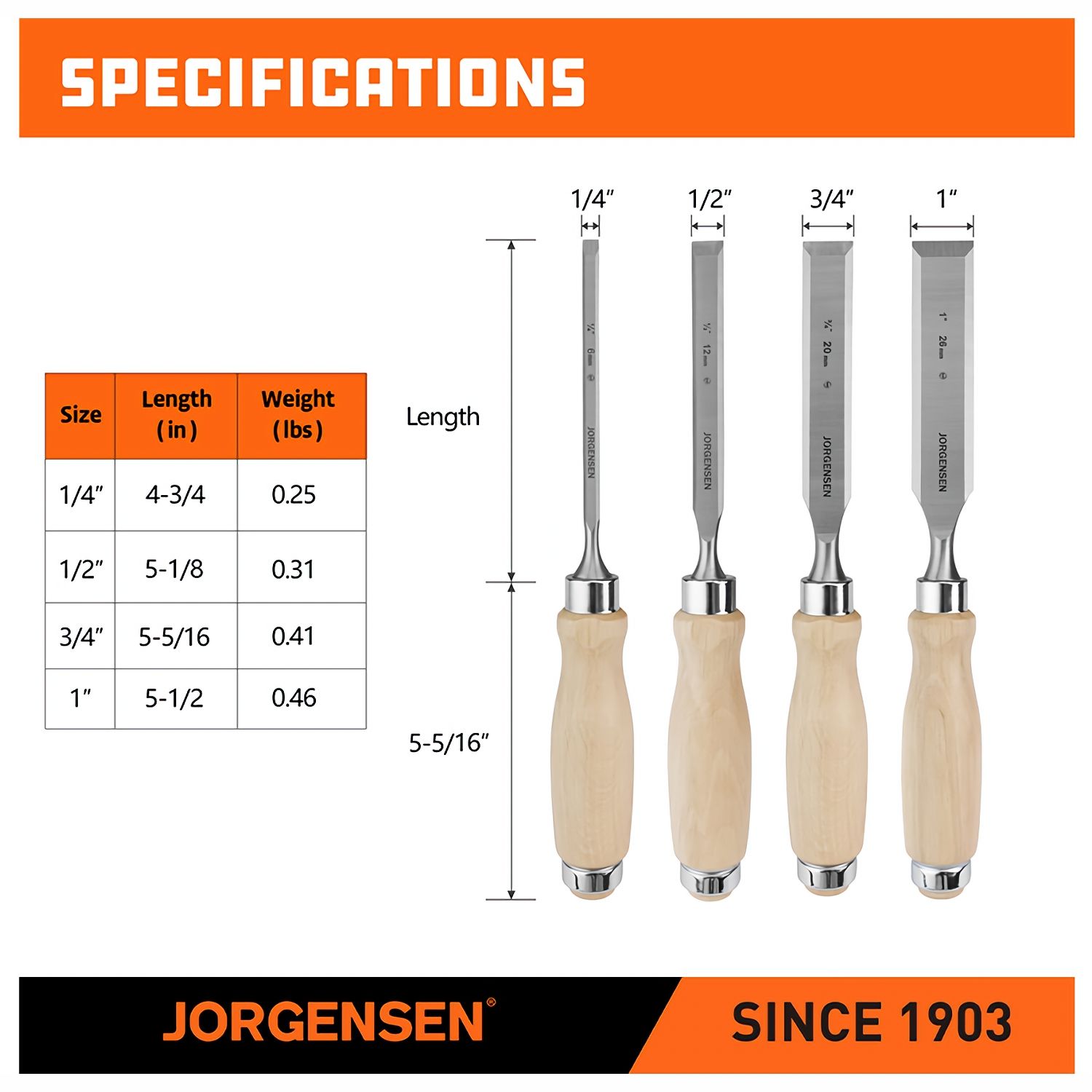 Jorgensen 4pc Wood Chisels Set Incl. 1/4'/ 1/2&rdquo; / 3/4' / 1&rdquo; Chisel