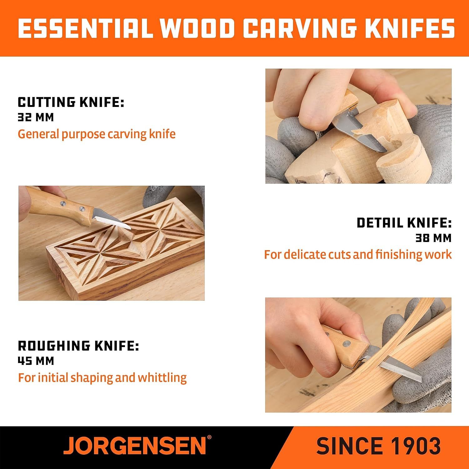 Jorgensen 3pc Whittling Knife Set Incl. 1-1/4' / 1-1/2'/1-3/4' Knives