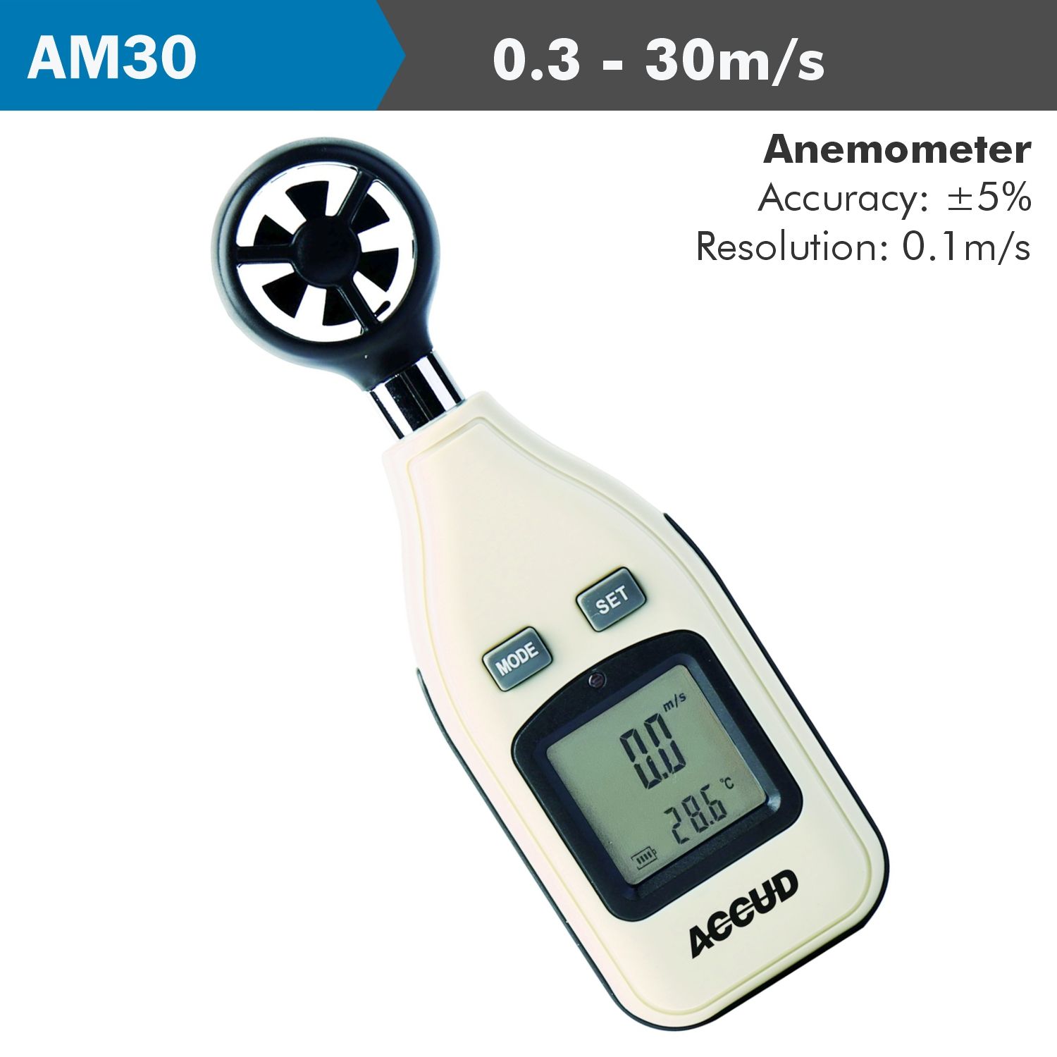 Digital Anemometer 0.3-30m/s 5% Acc. 0.m