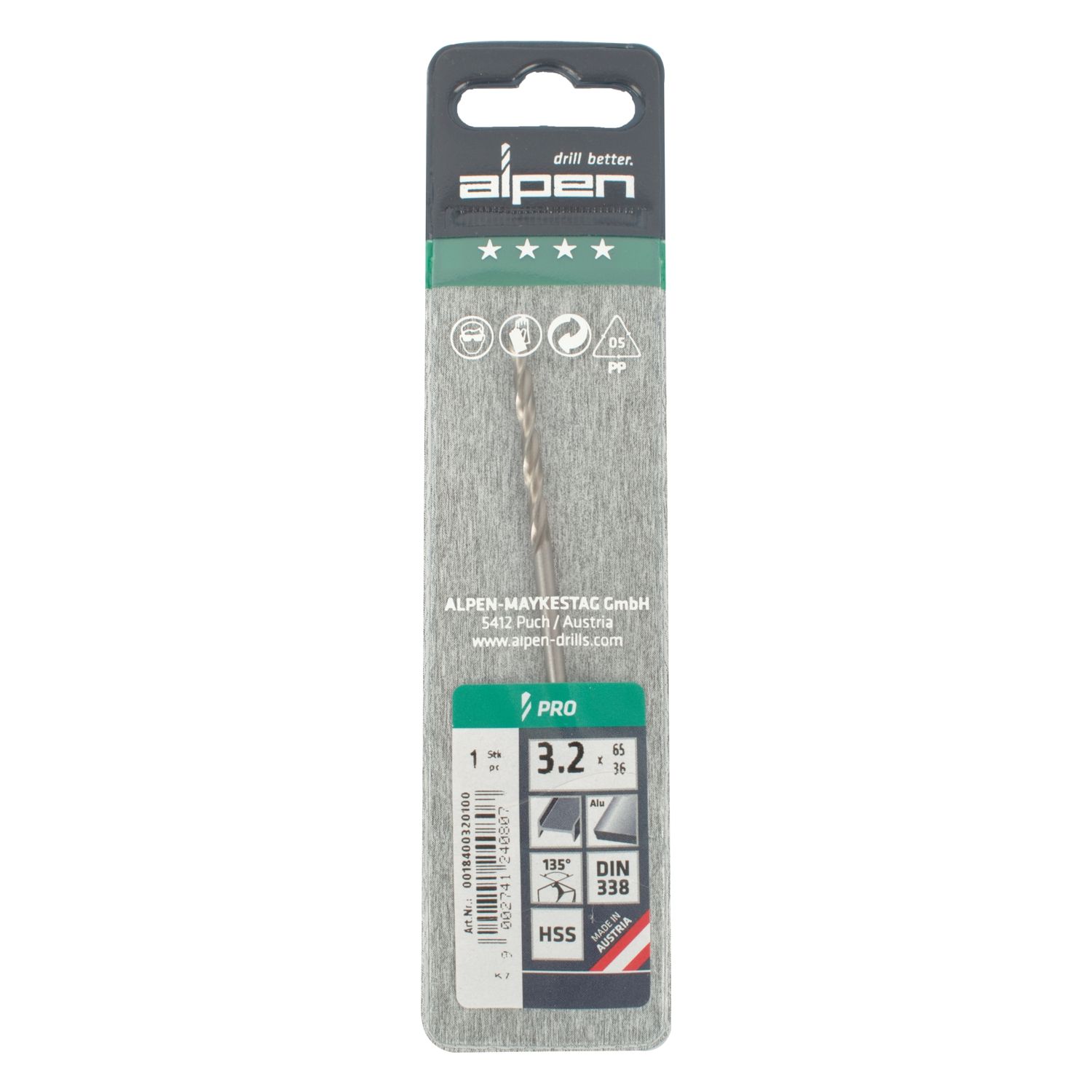 ALPEN Pro Hss 3.2mm Drill Din 338 Rn 135 Split Point Plastic Wallet (