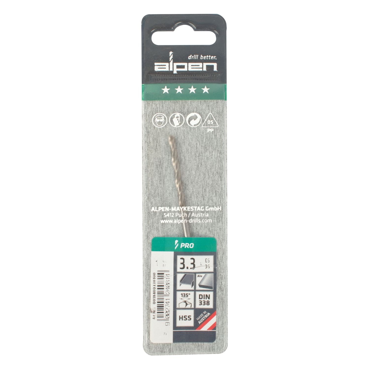 ALPEN Pro Hss 3.3mm Drill Din 338 Rn 135 Split Point Plastic Wallet (