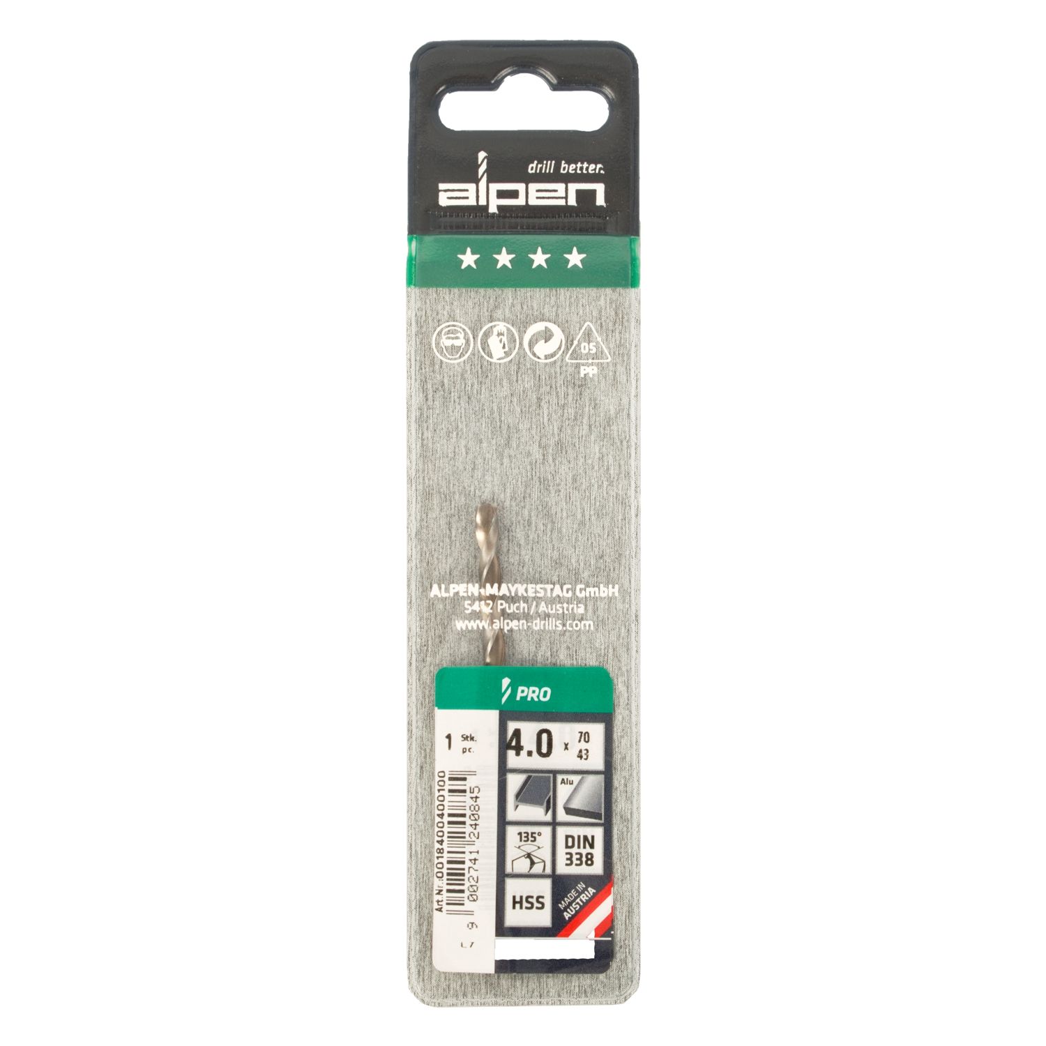 ALPEN Pro Hss 4mm Drill Din 338 Rn 135 Split Point Plastic Wallet (1