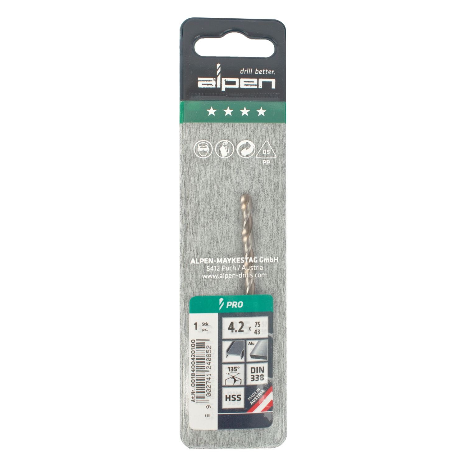ALPEN Pro Hss 4.2mm Drill Din 338 Rn 135 Split Point Plastic Wallet (