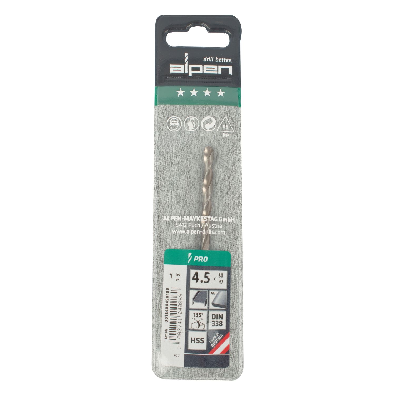 ALPEN Pro Hss 4.5mm Drill Din 338 Rn 135 Split Point Plastic Wallet (