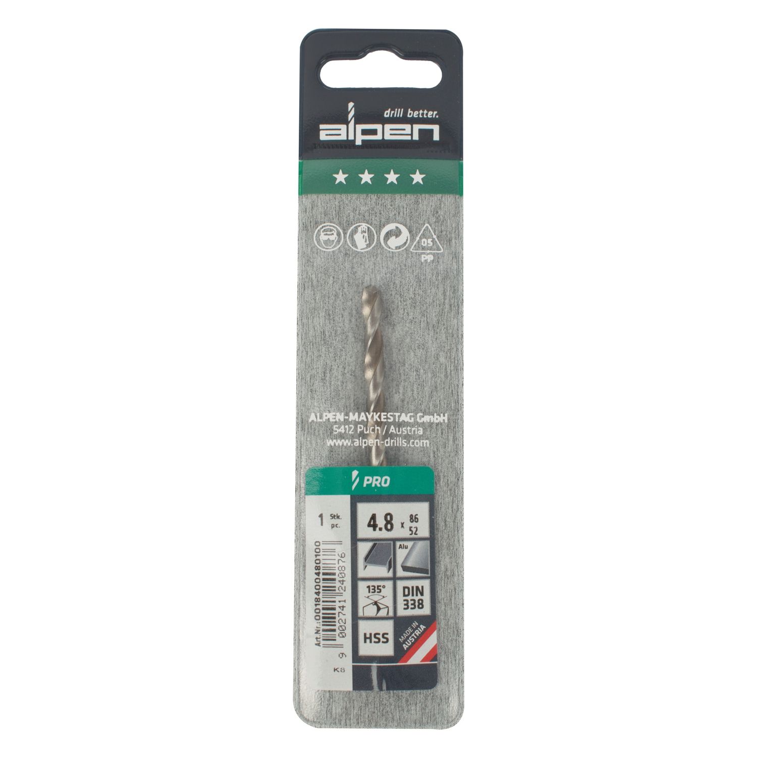 ALPEN Pro Hss 4.8mm Drill Din 338 Rn 135 Split Point Plastic Wallet (