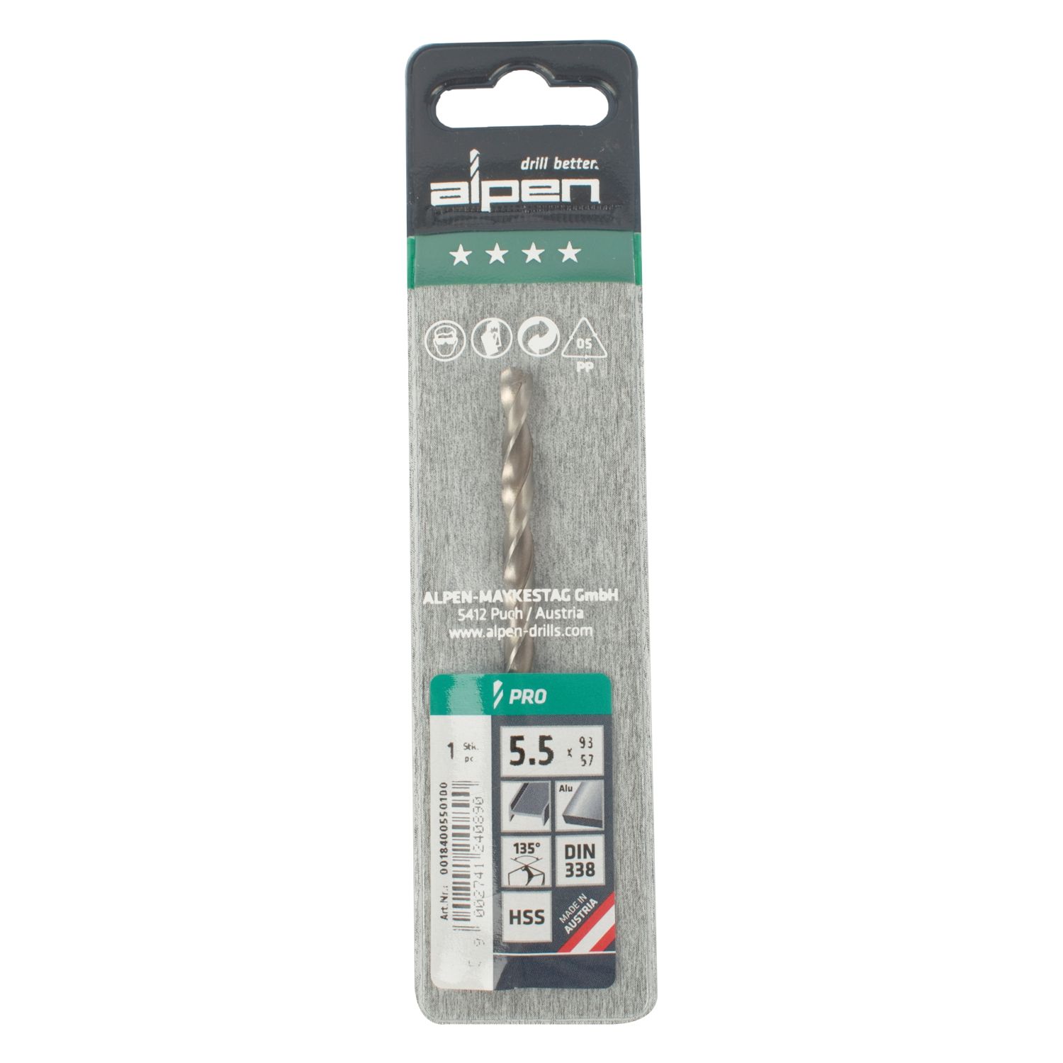 ALPEN Pro Hss 5.5mm Drill Din 338 Rn 135 Split Point Plastic Wallet (