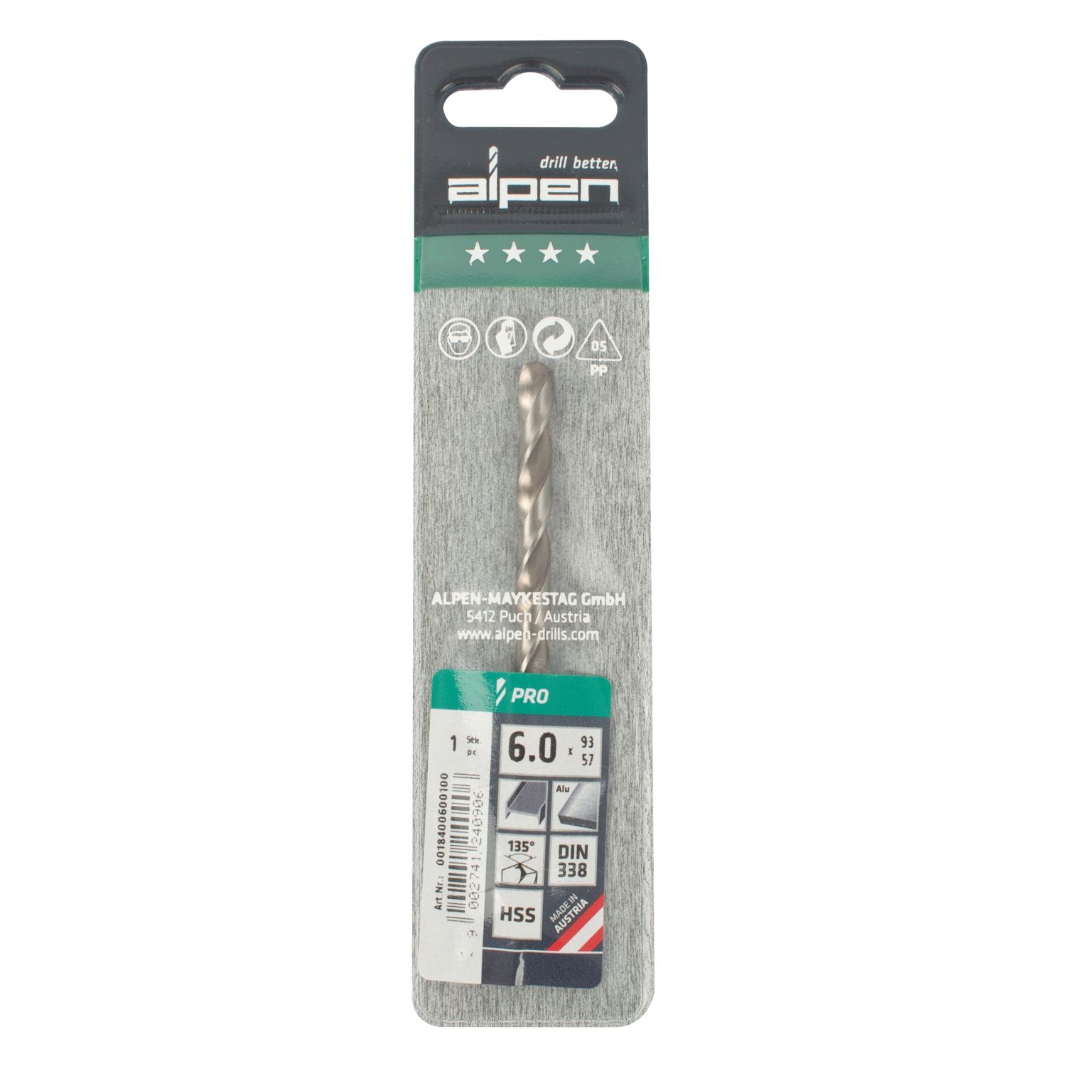 ALPEN Pro Hss 6mm Drill Din 338 Rn 135 Split Point Plastic Wallet (1