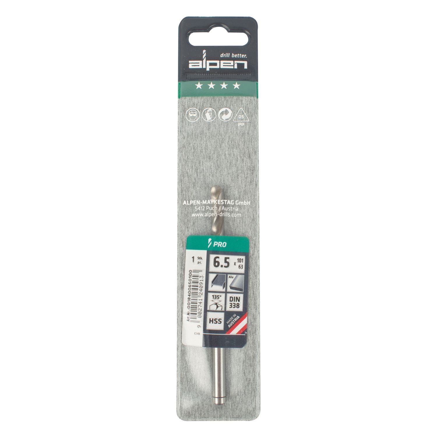 ALPEN Pro Hss 6.5mm Drill Din 338 Rn 135 Split Point Plastic Wallet