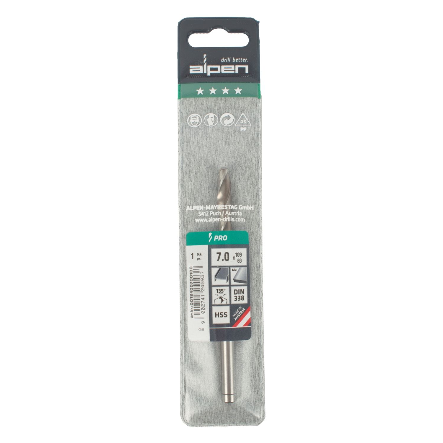 ALPEN Pro Hss 7mm Drill Din 338 Rn 135 Split Point Plastic Wallet