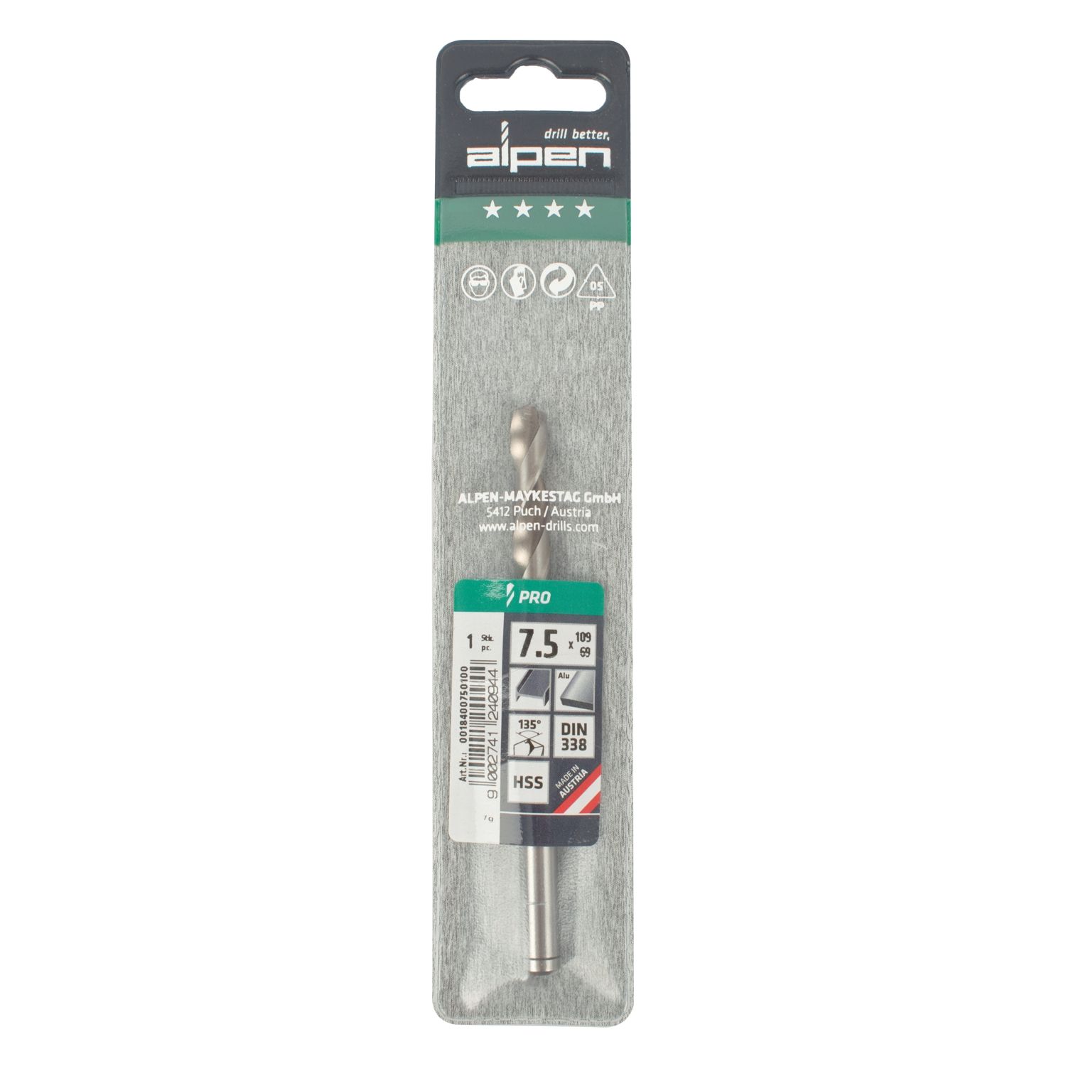 ALPEN Pro Hss 7.5mm Drill Din 338 Rn 135 Split Point Plastic Wallet