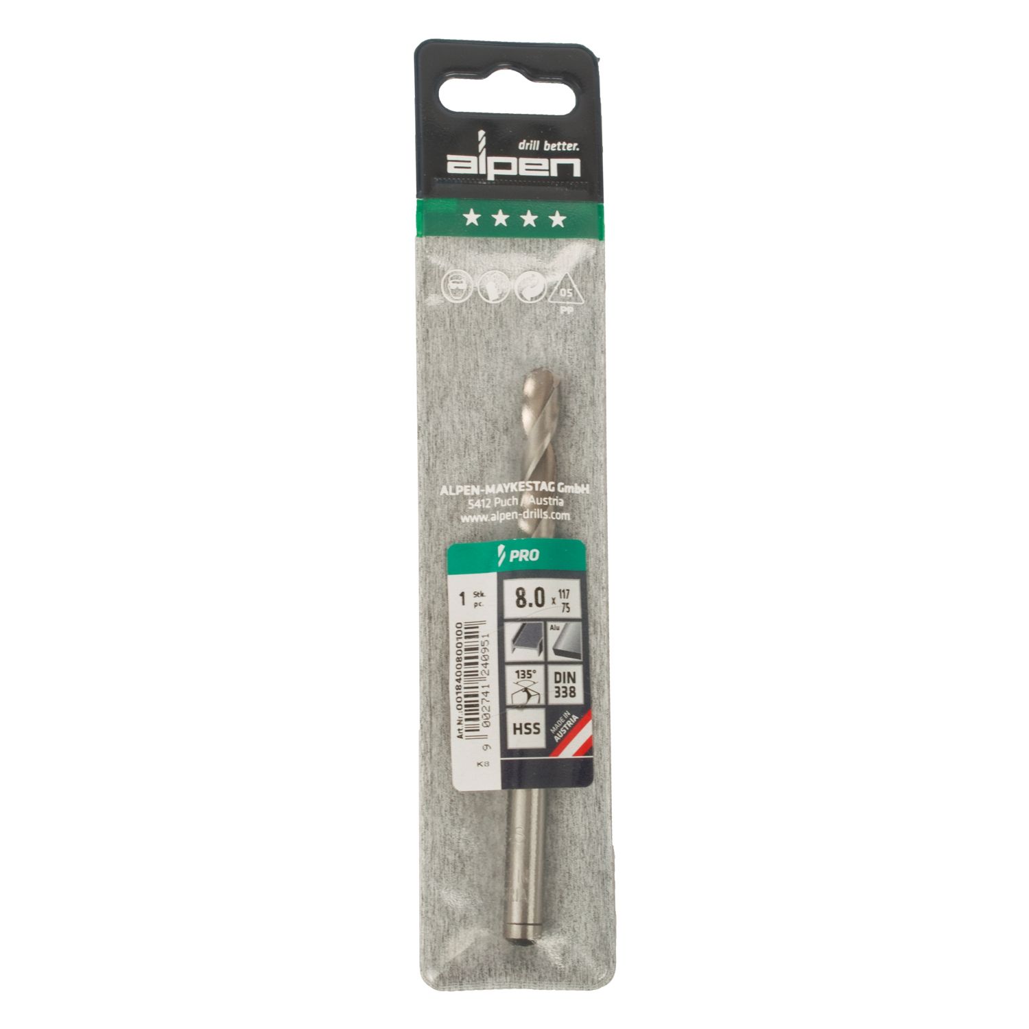 ALPEN Pro Hss 8mm Drill Din 338 Rn 135 Split Point Plastic Wallet