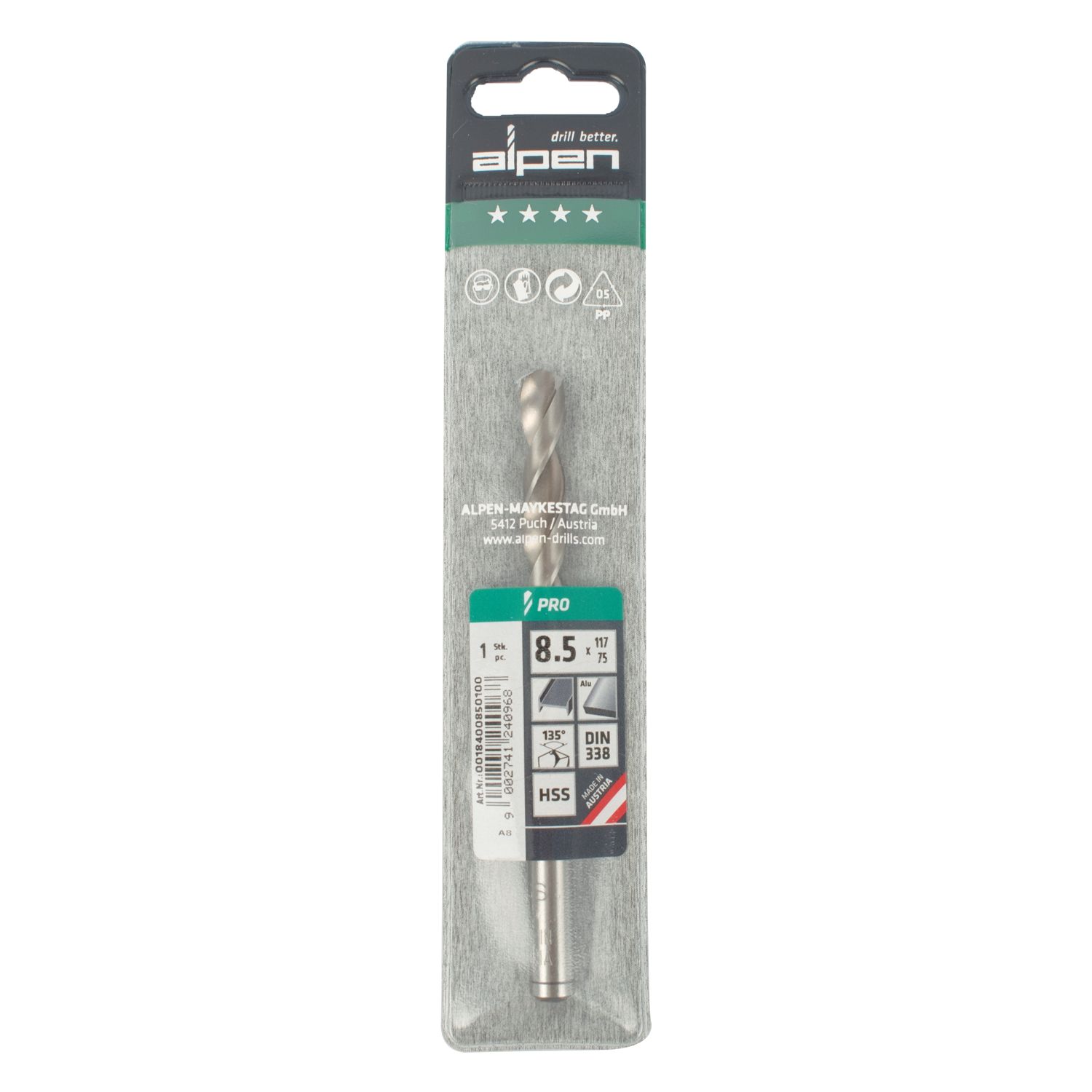 ALPEN Pro Hss 8.5mm Drill Din 338 Rn 135 Split Point Plastic Wallet