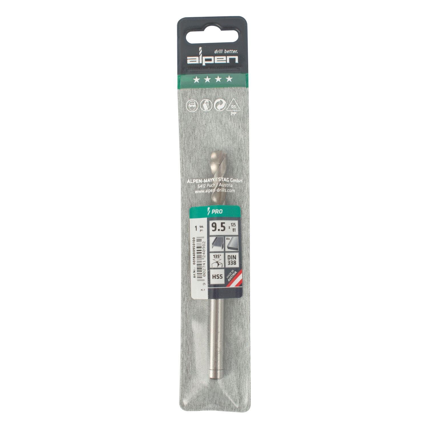 ALPEN Pro Hss 9.5mm Drill Din 338 Rn 135 Split Point Plastic Wallet