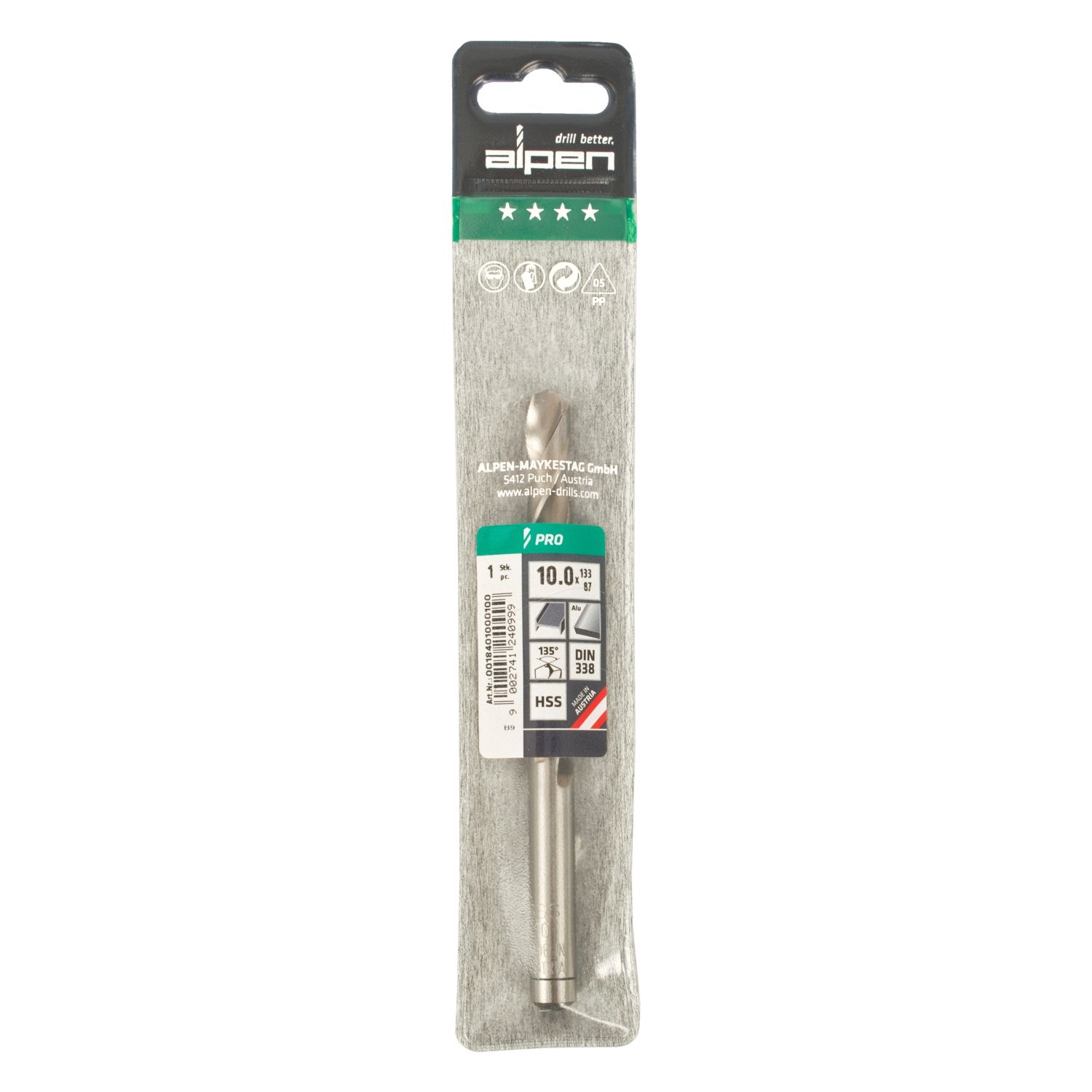 ALPEN Pro Hss 10mm Drill Din 338 Rn 135 Split Point Plastic Wallet