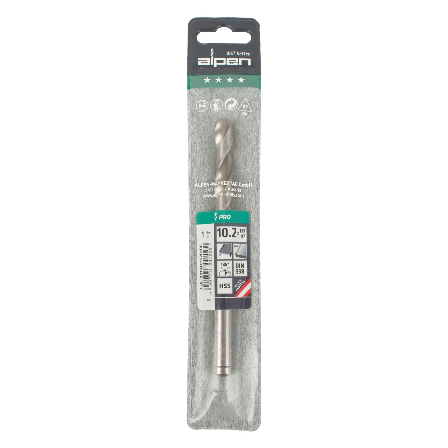 ALPEN Pro Hss 10.2mm Drill Din 338 Rn 135 Split Point Plastic Wallet