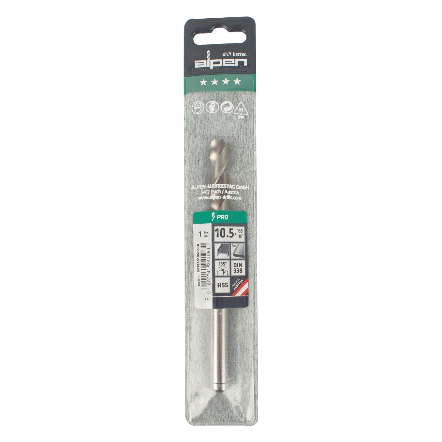ALPEN Pro Hss 10.5mm Drill Din 338 Rn 135 Split Point Plastic Wallet