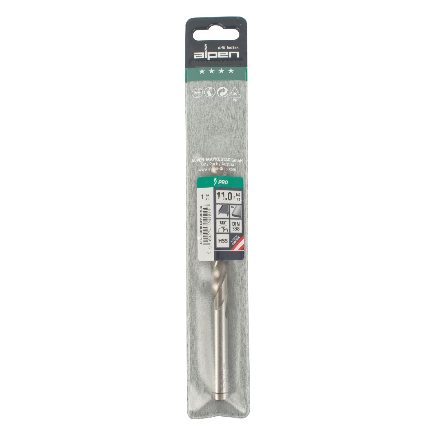 ALPEN Pro Hss 11mm Drill Din 338 Rn 135 Split Point Plastic Wallet