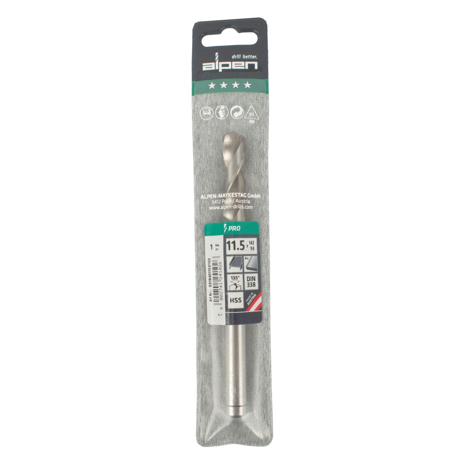 ALPEN Pro Hss 11.5mm Drill Din 338 Rn 135 Split Point Plastic Wallet