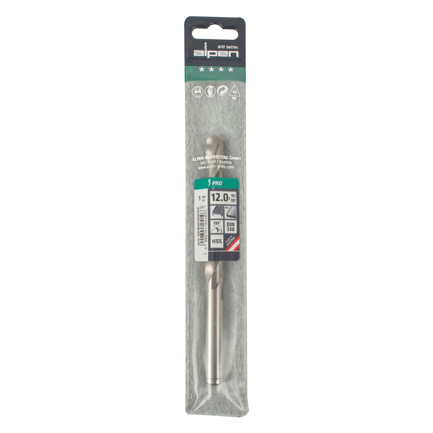 ALPEN Pro Hss 12mm Drill Din 338 Rn 135 Split Point Plastic Wallet