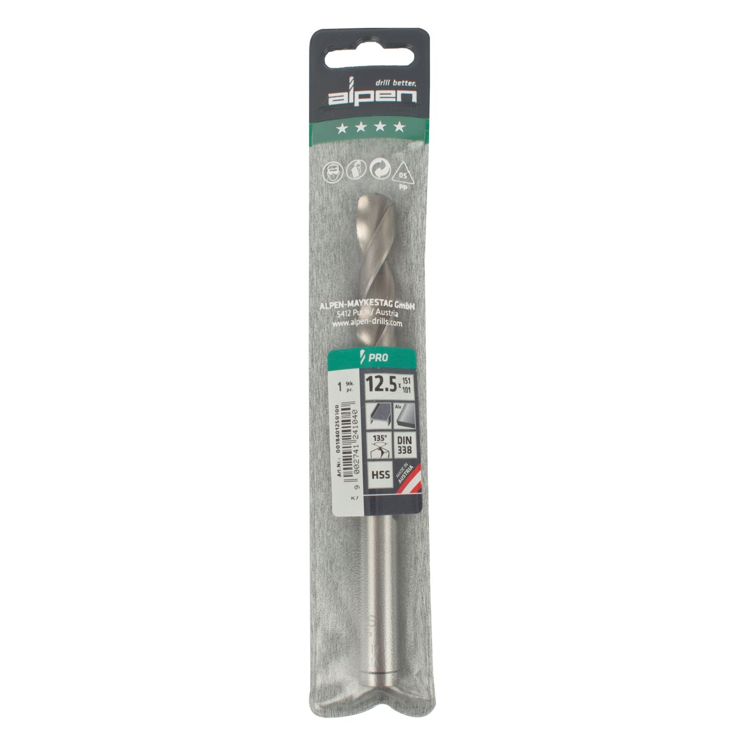 ALPEN Pro Hss 12.5mm Drill Din 338 Rn 135 Split Point Plastic Wallet