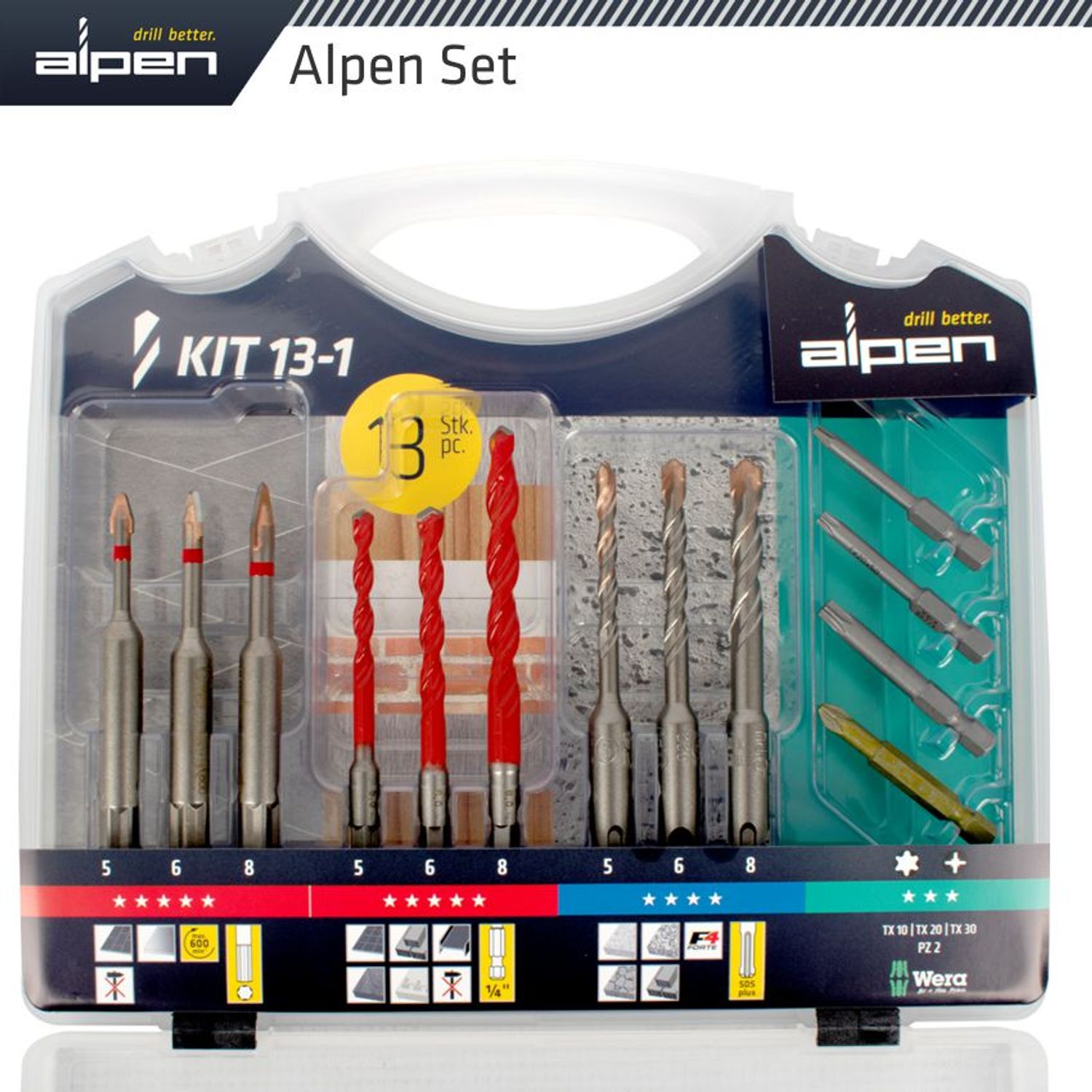 Drill-screwset Kit 13 13 Pcs C Prot,multi 6-kant,sds-plus F4 ,4 Bits