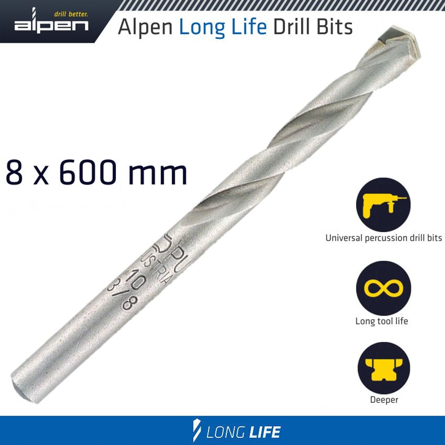 Masonry Drill Bit Long Life 8 X 600mm Pouch