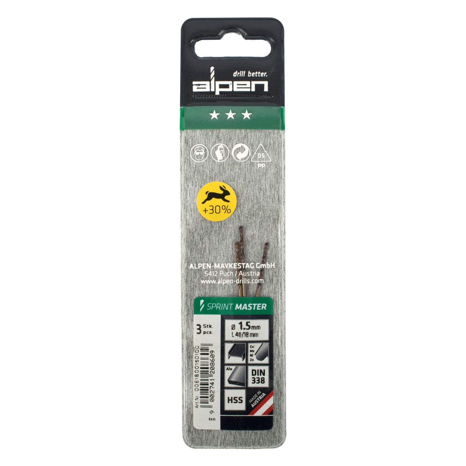 Hss Sprint Master 1.5mm X3 Sleeved Din338 ALPEN Drill Bit